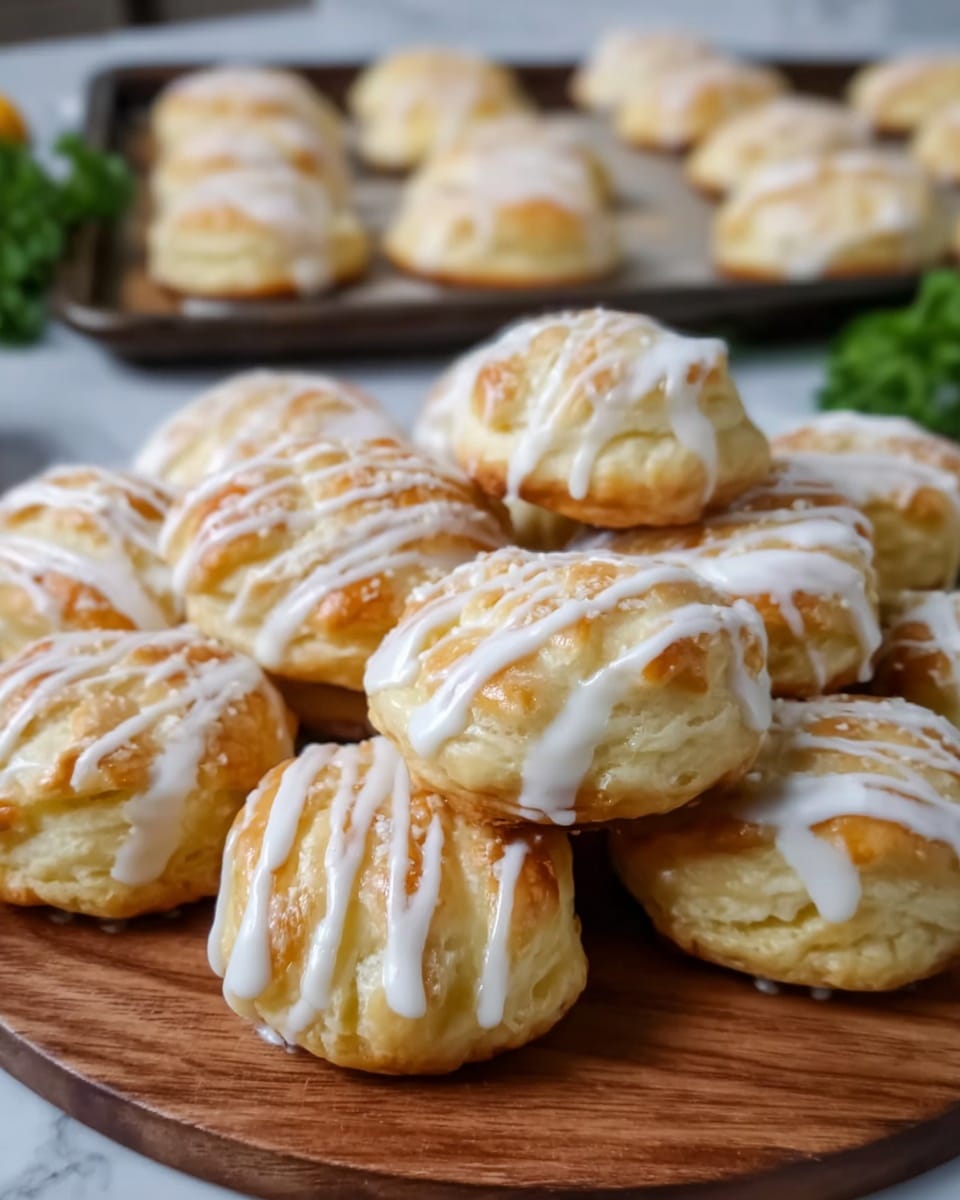 The image shows a close-up of a soft, round pastry with a light golden brown top and a creamy yellow inside layer. White icing is drizzled in thin lines across the top of the pastry. Behind it, more pastries of the same kind are visible on a white plate, and further back, a tray filled with similar pastries can be seen. A woman's hand holds the front pastry, lifting it up, showing its fluffy texture and inside layer clearly. The surface below has a white marbled texture. photo taken with an iphone --ar 4:5 --v 7