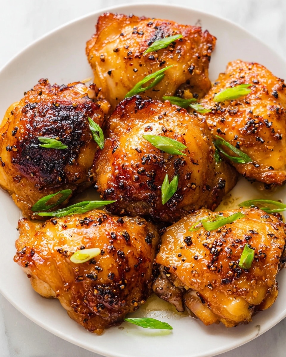 This image shows six pieces of golden-brown glazed chicken thighs on a white plate. Each chicken piece has a shiny, sticky surface with some darker caramelized spots, giving a crispy texture. The chicken is sprinkled with cracked black pepper and small slices of green onion scattered on top, adding fresh green pops of color to the warm brown tones. The plate sits on a white marbled surface. Photo taken with an iphone --ar 4:5 --v 7