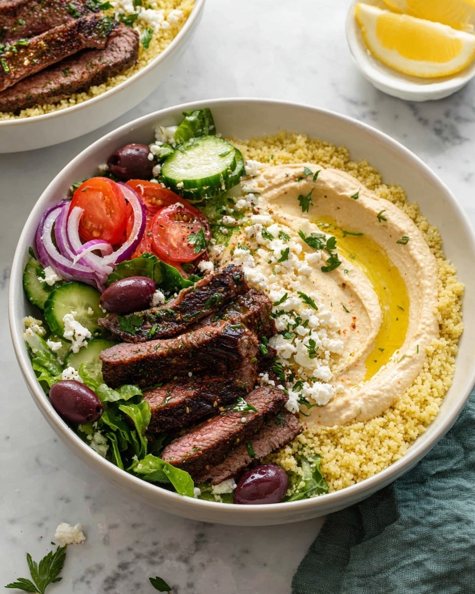 In a white bowl on a white marbled surface, a colorful layered meal is shown. The bottom layer is light yellow couscous with a grainy texture. On top, there are three slices of grilled steak with a dark charred outside and a pink center, sprinkled with small white feta cheese crumbs and green herbs. Next to the steak, there's a mix of fresh salad with bright green lettuce, thick red tomato wedges, sliced cucumber, and small pieces of purple onion. A smooth tan hummus with a drizzle of golden olive oil fills another section of the bowl with a single dark olive on top. In the background, there is another similar white bowl and a small white bowl filled with lemon slices. photo taken with an iphone --ar 4:5 --v 7