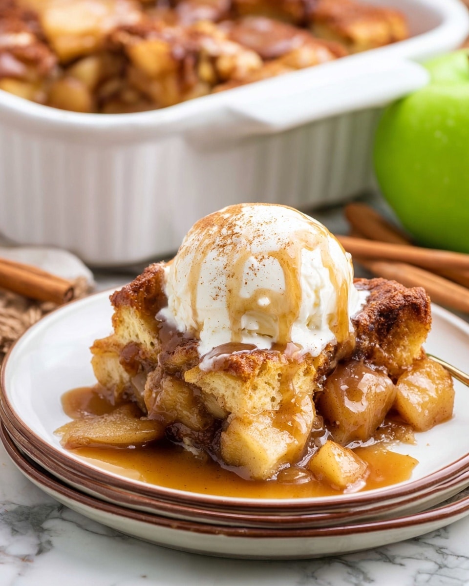 A close-up of a layered dessert on a white plate, showing a base layer of dark brown baked dough mixed with chunks of yellow apple pieces soaked in brown syrup. On top is a round scoop of white vanilla ice cream, drizzled with light brown caramel sauce and sprinkled with fine brown cinnamon powder. The plate sits in a small stack of similar white plates on a white marbled surface, with a white dish filled with more of the dessert visible in the background along with green apples and cinnamon sticks. photo taken with an iphone --ar 4:5 --v 7