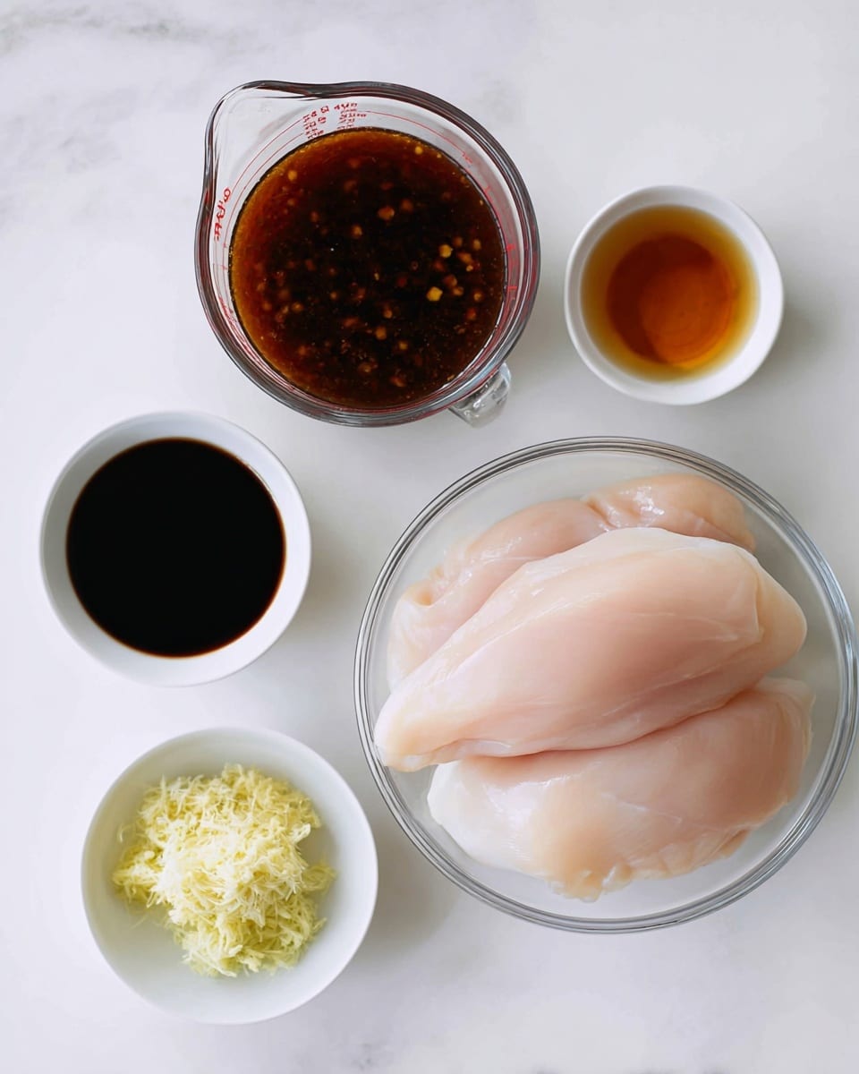 The image shows a clear glass bowl on a white marbled surface, filled with two large pale pink raw chicken pieces resting side by side. Around the bowl are four small containers: in the top left, a clear glass measuring cup filled with a dark brown liquid with visible small light bits; below it, a small white bowl with a light orange liquid; next, a small clear glass bowl with a thick black liquid; and at the bottom, a small white bowl containing two piles, one of finely grated pale yellow ginger and next to it, minced light yellow garlic. The items are arranged neatly with the bowls and cup surrounding the glass bowl of chicken. Photo taken with an iphone --ar 4:5 --v 7
