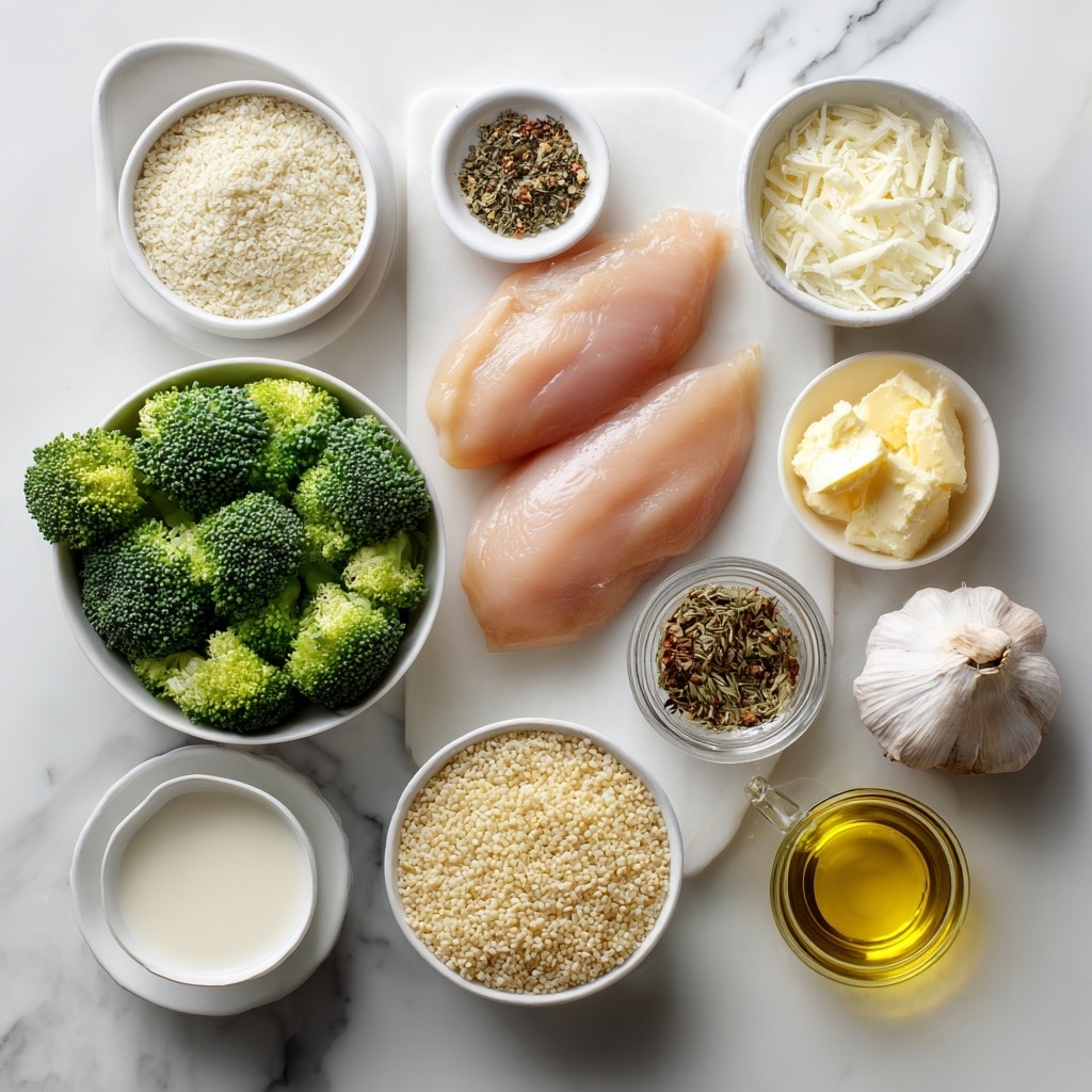 A white bowl filled with a layer of white rice at the bottom, topped with vibrant green broccoli florets arranged around the sides. On top of the rice and broccoli are several slices of grilled chicken with dark char marks, showing a mix of light brown and golden colors. The chicken slices are drizzled with a creamy white sauce sprinkled with small green herb pieces. The bowl sits on a white marbled surface. Photo taken with an iphone --ar 4:5 --v 7