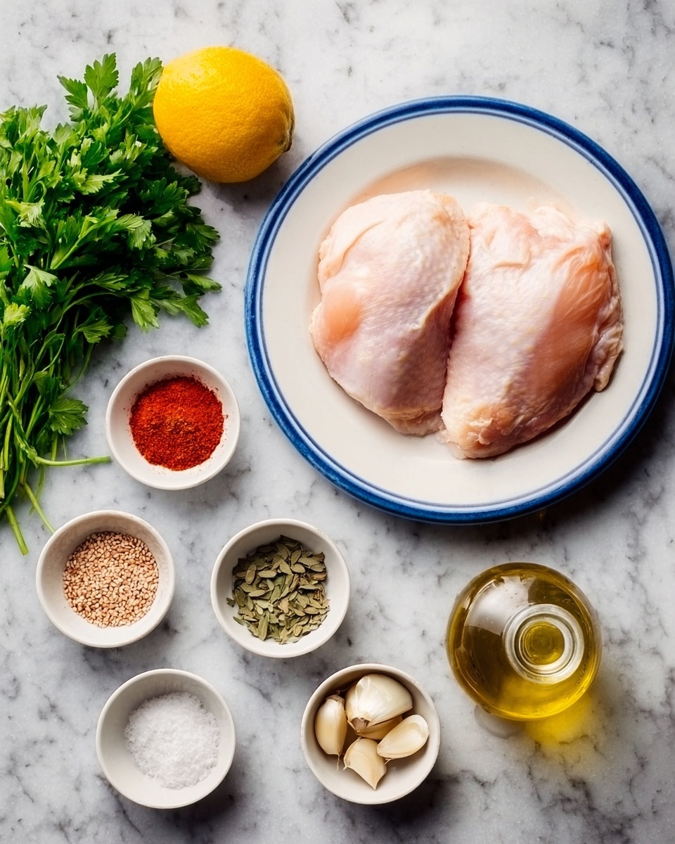 The image shows raw chicken breasts placed on a white plate with a blue rim, positioned on a white marbled surface. Around the plate, there are seven small white bowls arranged neatly, each containing different spices or ingredients: bright red paprika powder, dried herbs, black peppercorns, coriander seeds, coarse salt, and garlic cloves. A whole lemon and fresh green parsley are also placed nearby, along with a small glass bottle filled with olive oil. The scene is clean and bright, with all items carefully arranged for cooking preparation. photo taken with an iphone --ar 4:5 --v 7