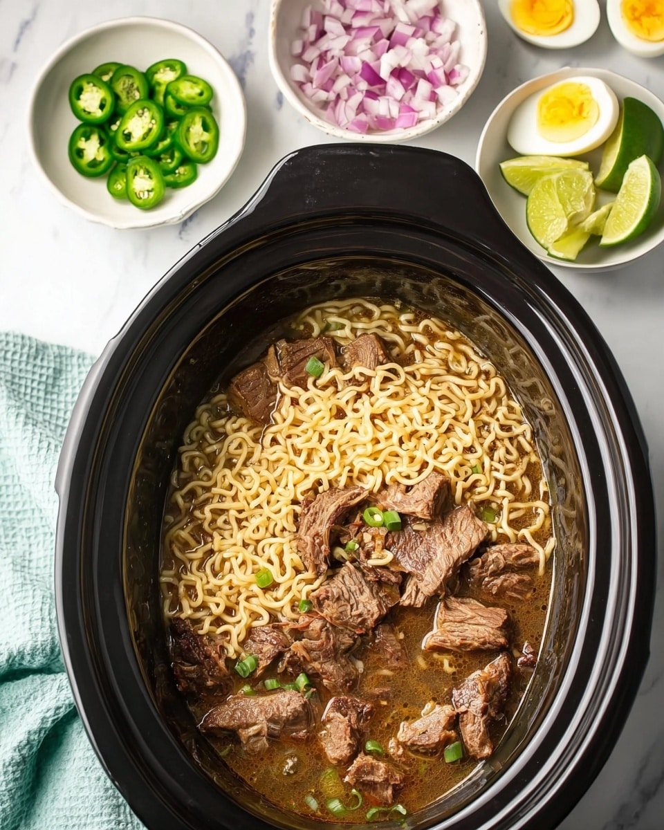 Inside a large black slow cooker, light yellow cooked noodles mixed with dark brown chunks of beef sit in a light brown broth. Around the slow cooker, there are four small white bowls placed on a white marbled surface: one bowl holds chopped red onions with white and purple pieces, the second contains bright green sliced jalapeños, the third has lime wedges with pale green skin and light green inside, and the last bowl holds two halves of a boiled egg with a yellow yolk and white outside. A folded light blue cloth is near the bottom left corner. photo taken with an iphone --ar 4:5 --v 7