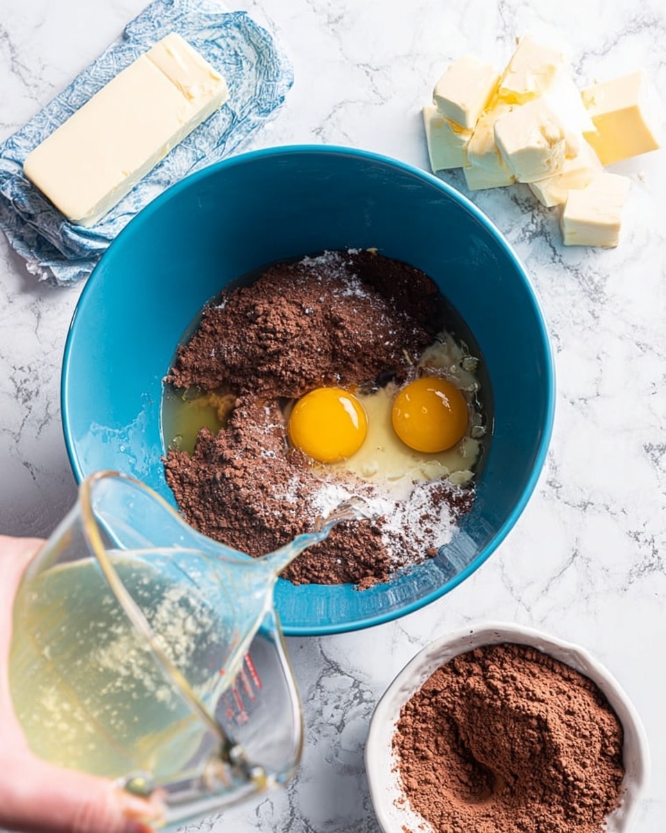 A top view of a blue mixing bowl on a white marbled surface with chocolate powder and two raw egg yolks visible as layers inside. A clear measuring cup is pouring a light liquid, likely oil or water, into the bowl. Nearby on the surface, there is an unwrapped stick of cream cheese and a small white bowl filled with more chocolate powder. A woman's hand is holding the measuring cup as the liquid pours into the blue bowl. Photo taken with an iphone --ar 4:5 --v 7
