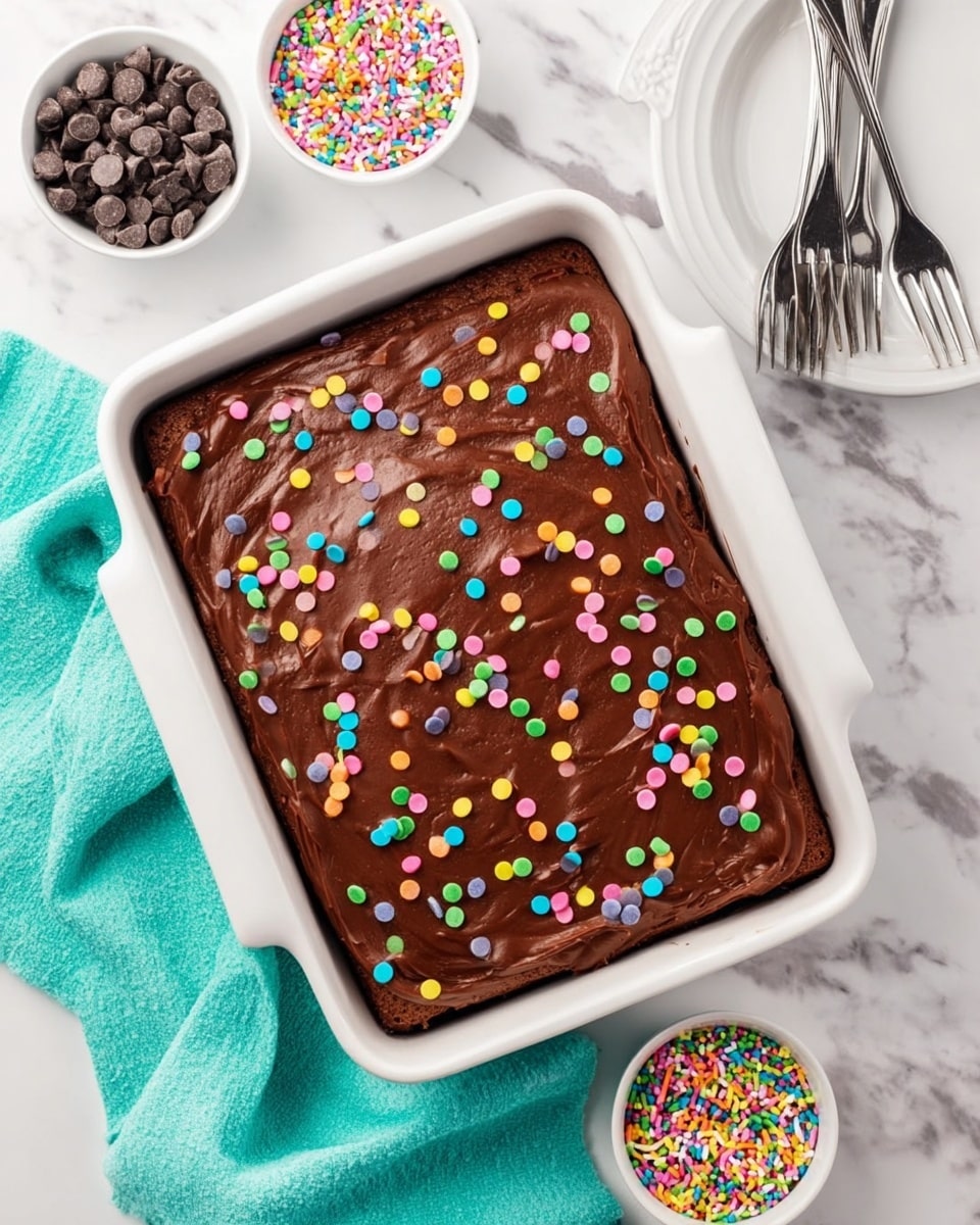 The image shows a white rectangular baking dish filled with a cake that has three distinct layers: a moist brown cake base, a smooth chocolate frosting layer covering the whole top, and colorful round candy sprinkles scattered evenly over the frosting. Around the dish, there are two small white bowls—one filled with chocolate chips and the other with multicolored round sprinkles. To the upper right side, there is a white plate with three silver forks, resting on a white marbled surface. A light turquoise cloth is placed to the lower left of the baking dish. The photo taken with an iphone --ar 4:5 --v 7