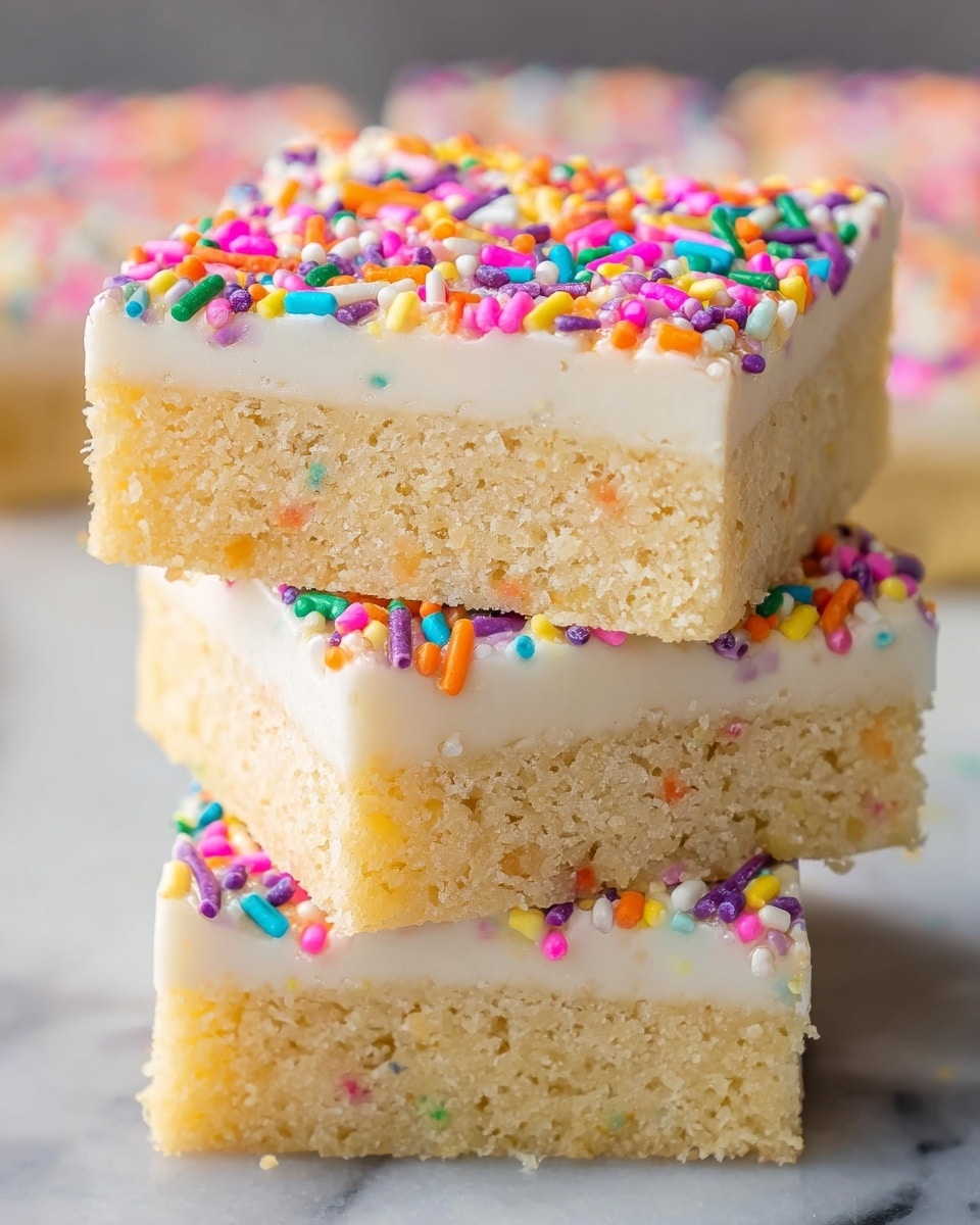 The image shows a stack of three square bars on a white marbled surface, each bar having two layers. The bottom layer is a pale golden, dense and crumbly cake. The top layer is a thick, smooth white frosting, evenly spread. The top frosting layer is sprinkled with colorful round and rod-shaped sprinkles in bright colors like pink, orange, purple, yellow, green, and blue. The pastel colors of the cake contrast with the vivid sprinkles, making the stack visually appealing. Photo taken with an iphone --ar 4:5 --v 7