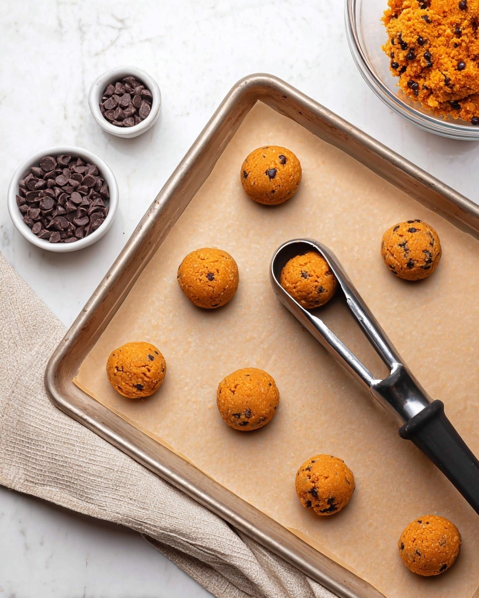 The image shows a baking tray lined with light brown parchment paper, holding seven evenly spaced round balls of orange dough with dark chocolate chips mixed in. One dough ball is held above the tray inside a black and silver scoop with black handles. To the left of the tray is a small white bowl filled with dark chocolate chips, and a beige cloth is partially visible under the bowl. At the top right corner, there is a glass bowl containing more of the orange dough with chocolate chips. The scene is set on a white marbled surface. photo taken with an iphone --ar 4:5 --v 7