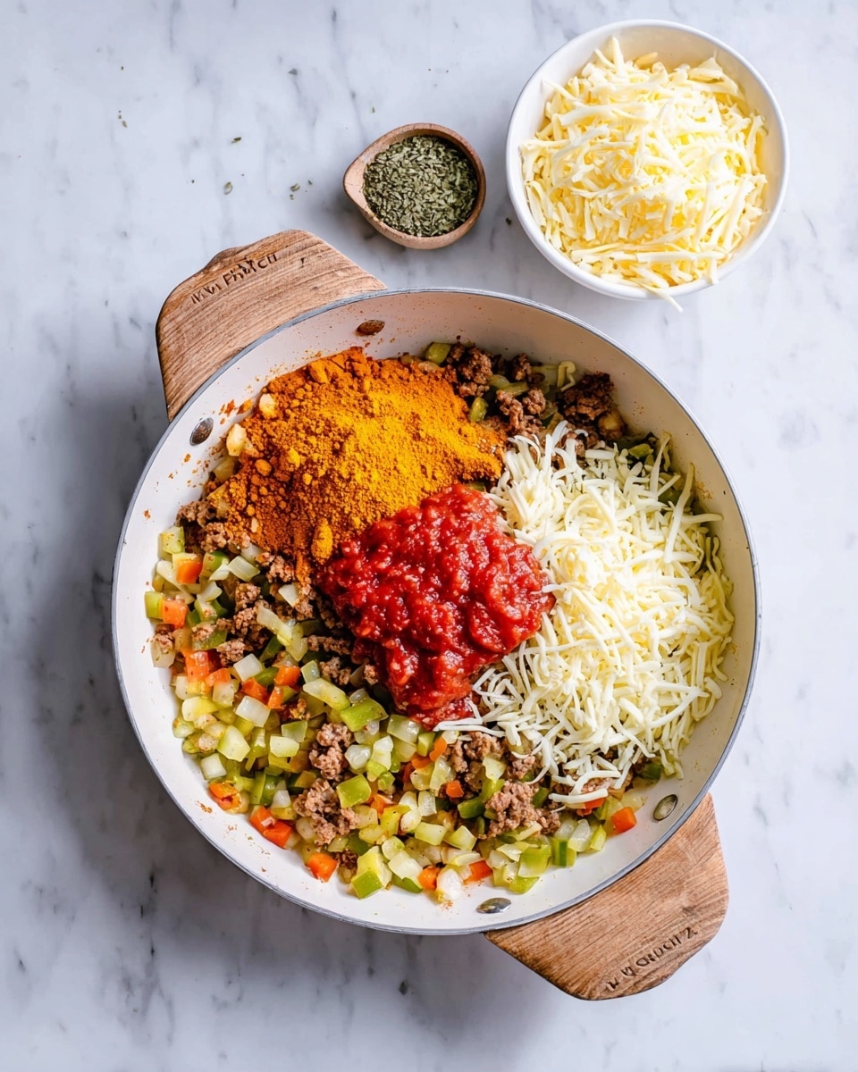 A white pan with wooden handles holds a colorful mix of diced vegetables and ground meat at the bottom layer, showing green, orange, and yellow pieces. On top of this base, there is a mound of bright orange powder spice on the left side, a heap of chunky red tomato sauce in the center, and a pile of shredded white cheese on the right side. Above and to the right of the pan is a small white bowl filled with more shredded white and yellow cheese. The pan and bowl rest on a white marbled surface. photo taken with an iphone --ar 4:5 --v 7