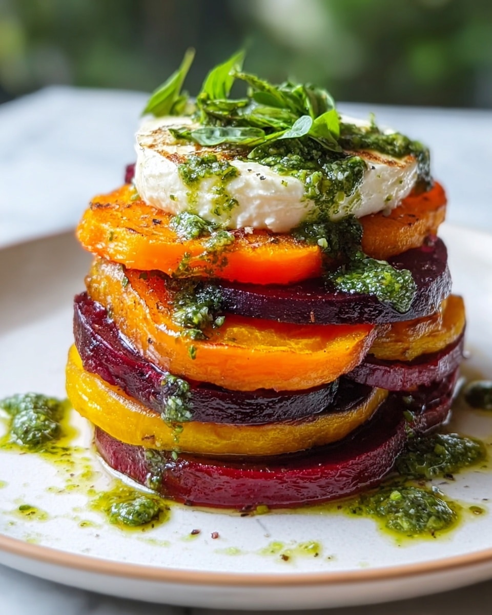 The dish shows a stack of five thick slices of roasted vegetables on a white plate; the bottom and third layers are bright orange sweet potato slices with a slightly crispy edge, the second and fourth layers are deep purple beet slices with shiny, smooth surfaces. On the top layer, there is a dollop of creamy white cheese with a soft texture, drizzled with dark green pesto sauce that also drips down the sides of the vegetable stack. The white plate is set on a white marbled surface with some pesto scattered around. The focus is close up, showing the texture and colors clearly. Photo taken with an iphone --ar 4:5 --v 7