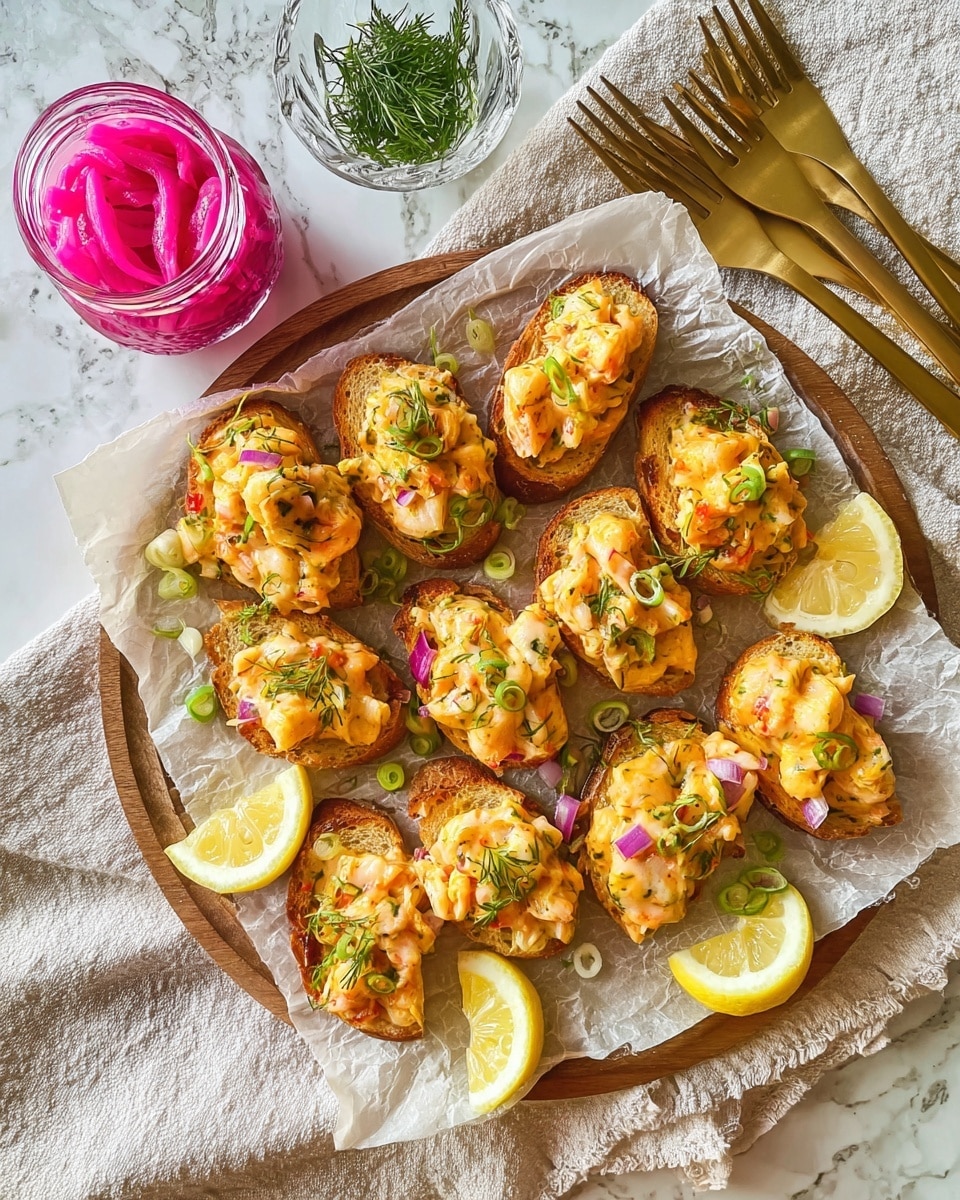 A round wooden platter lined with crinkled parchment paper holds ten pieces of baked seafood on toast, each piece topped with a creamy golden mix that has orange and red bits and is sprinkled with thin green onion slices. Around the platter, there are four lemon wedges placed at different points. A small glass jar filled with bright pink pickled onions sits near the top left corner of the platter. To the right, three gold forks rest on a light-colored cloth with wrinkles, and a small glass bowl with green herbs sits above the platter. The whole setting is on a white marbled surface. photo taken with an iphone --ar 4:5 --v 7