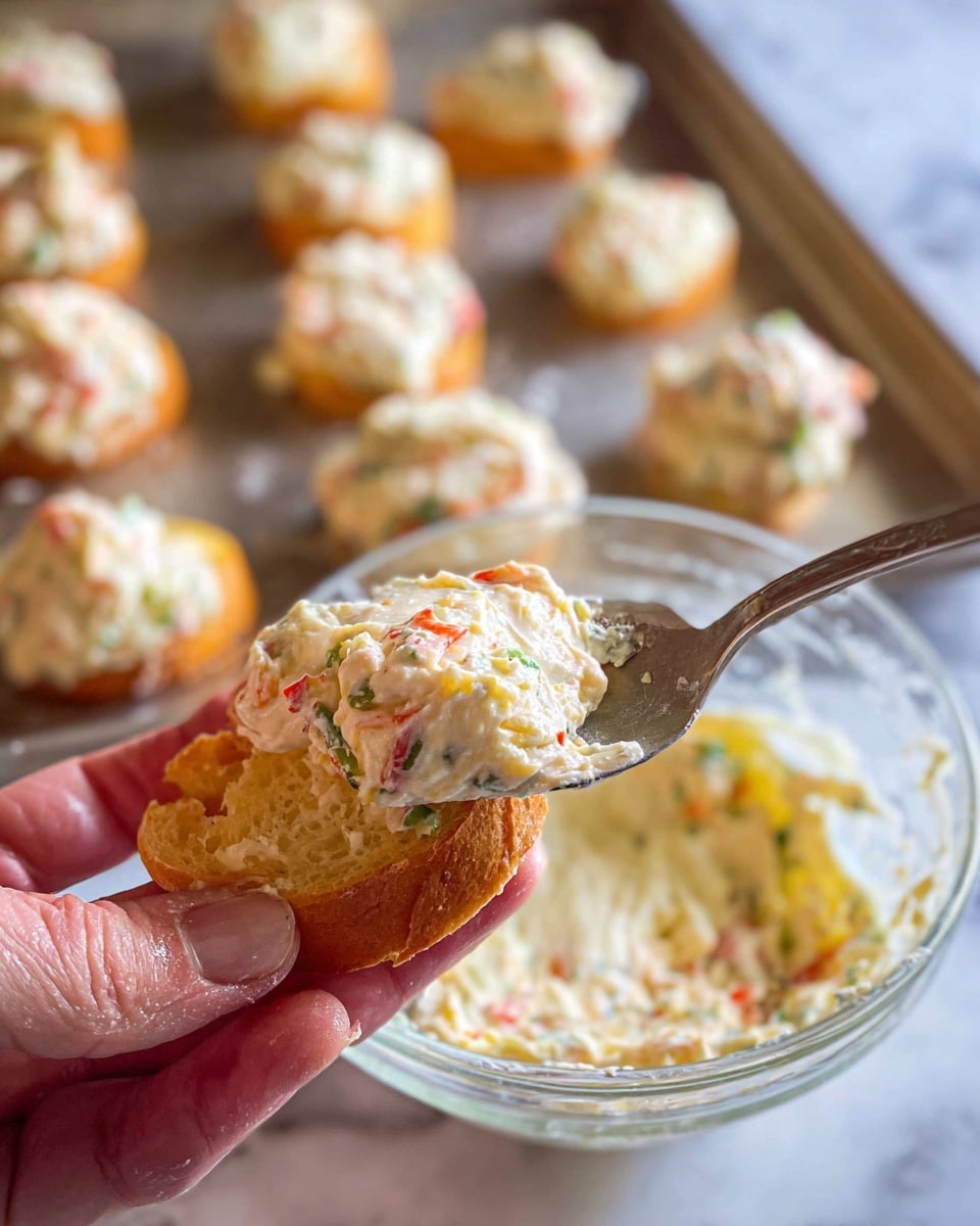 A close-up image shows a woman's hand holding a small toasted bread piece with a scoop of creamy spread being applied on top with a silver spoon held by another woman's hand. The spread is thick and textured, mixed with small red and green bits, resembling finely chopped vegetables or herbs. In the background, there is a metal baking sheet with multiple small dollops of the same creamy mixture placed evenly. Underneath, a clear glass bowl is filled with the leftover creamy spread, all set on a white marbled surface. Photo taken with an iphone --ar 4:5 --v 7
