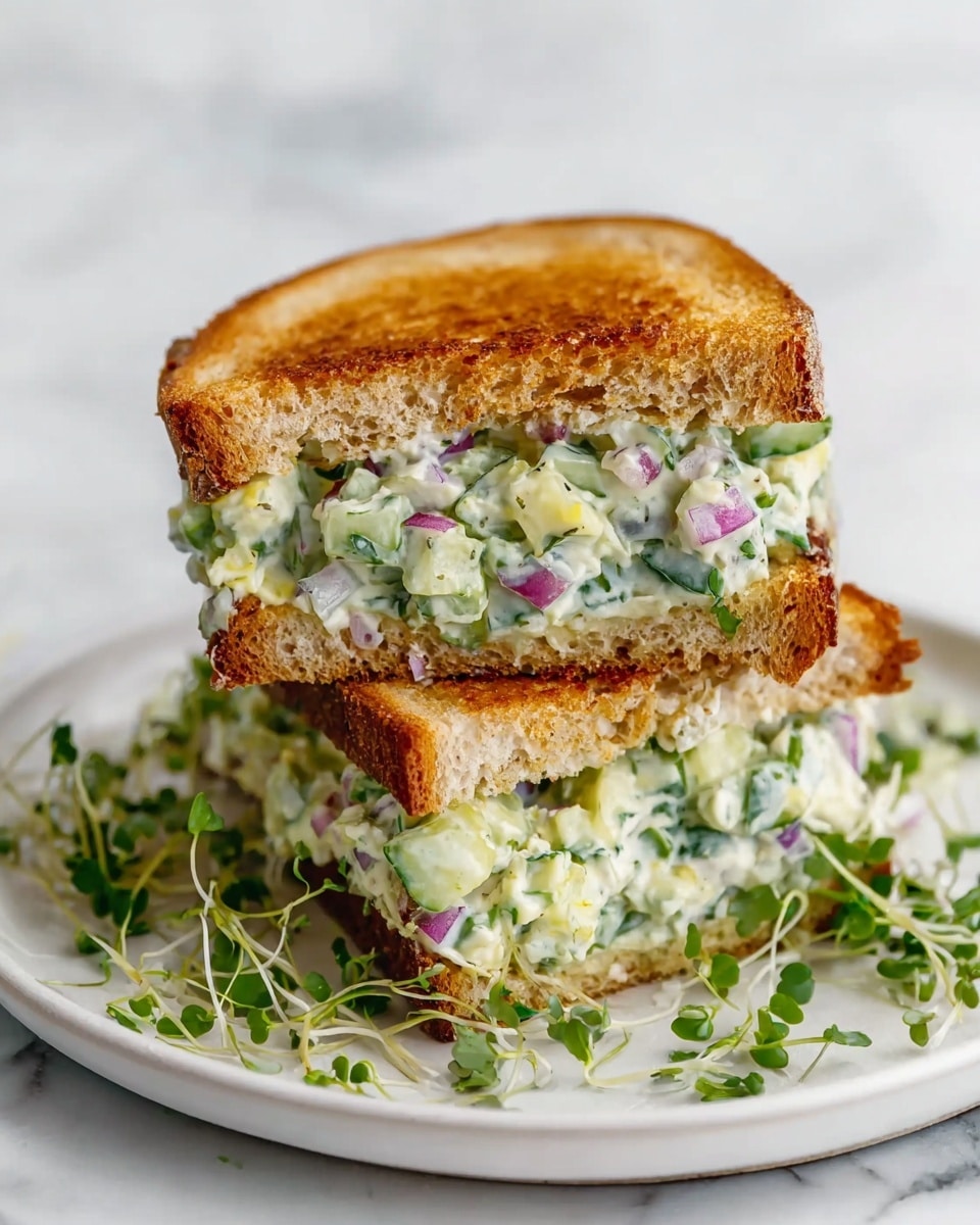 The image shows a sandwich with two toasted, golden-brown bread slices as the top and bottom layers. Between the slices, there is a thick layer of creamy filling mixed with chopped cucumber pieces, green herbs, and small chunks of red onion, creating a fresh, colorful middle layer. The sandwich is cut in half and stacked so that the filling spills out slightly, showing the texture and ingredients inside. It is placed on a white plate with some green sprouts scattered around it, all set on a white marbled surface. Photo taken with an iphone --ar 4:5 --v 7
