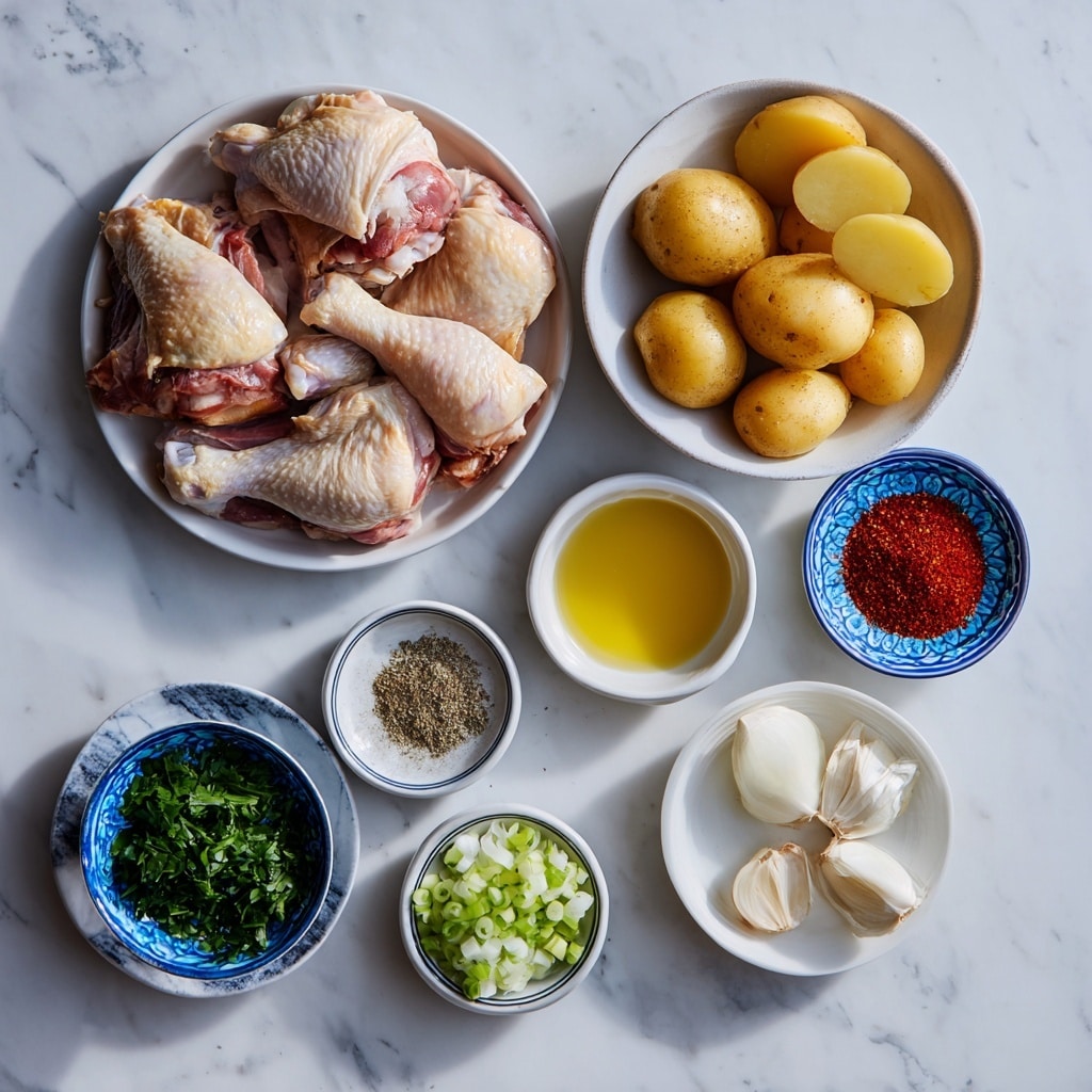 The dish shows three pieces of browned, grilled chicken with a shiny, slightly oily surface, topped with small pieces of red pepper and green chopped herbs. Around the chicken, there are several potato halves, some with a golden-brown grilled side and others showing a light yellow interior, also sprinkled with green herbs. The food is on a white plate with a shallow layer of light brown sauce pooling around the ingredients. A metal fork is placed on the plate near the top right. The background is a white marbled texture. Photo taken with an iphone --ar 4:5 --v 7