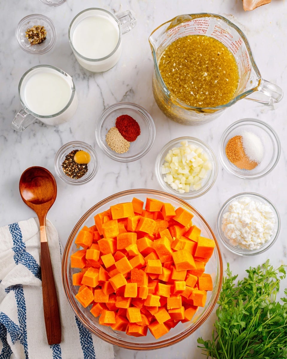The image shows many small glass bowls with different cooking ingredients on a white marbled surface. In the middle, there is a large glass bowl filled with bright orange chopped sweet potatoes, layered with square chunks. To the top right, there is a clear measuring jug filled with greenish broth containing spices and small bits. To the top left of the broth, another clear jug holds white liquid, likely milk or cream. Near these are small glass bowls with spices in red, brown, and beige colors, minced garlic and ginger, chopped white onions, and a creamy white substance, likely yogurt or sour cream. A wooden spoon with a copper-accented handle lies on the left side on a white cloth with blue stripes. Sprigs of fresh green herbs peek in from the right. The scene is arranged neatly, showing bright and fresh ingredients photo taken with an iphone --ar 4:5 --v 7