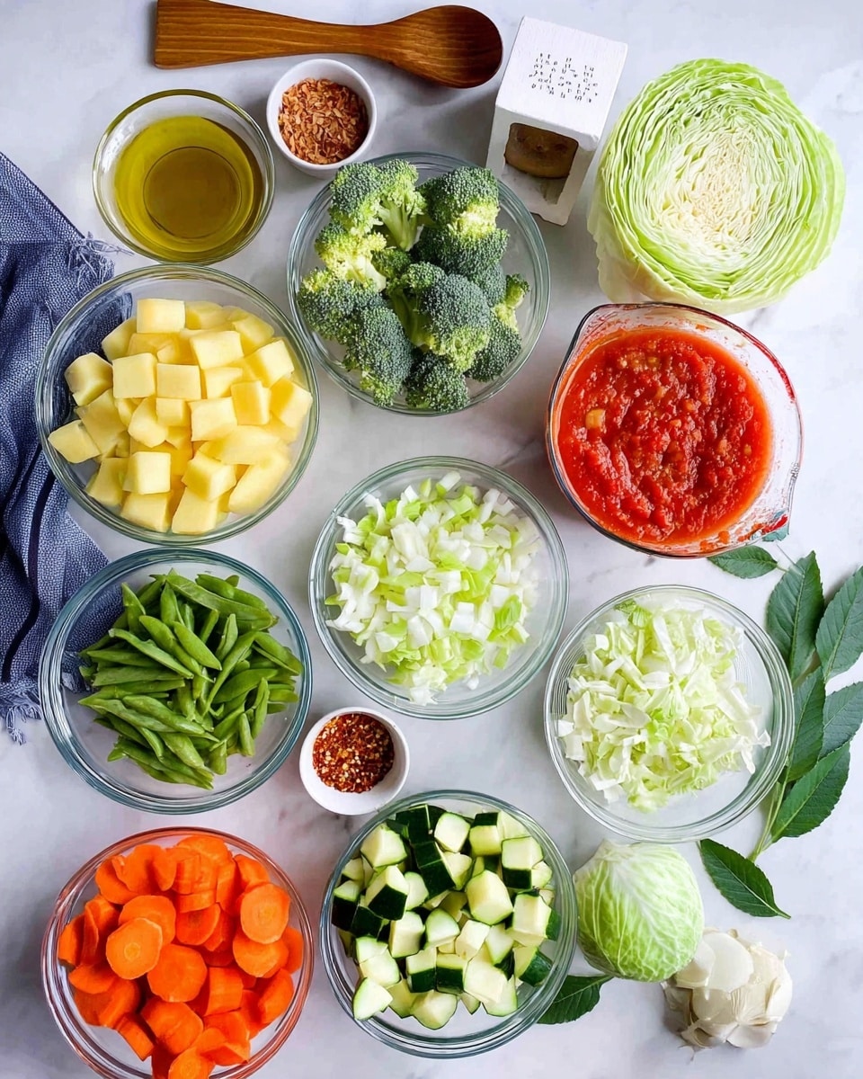 The image shows a top view of many small round glass bowls filled with fresh fresh vegetable ingredients placed on a white marbled surface. There are ten bowls: one with bright orange sliced carrots near the bottom center, one with yellow cubed potatoes to the right, one with green broccoli cut into small florets above the carrots, one with light green sliced celery sticks to the right of the broccoli, one with chopped white cabbage near center-top, one with a thick red tomato sauce in a clear measuring cup at the top right, one with chopped green zucchini slices to the left bottom, one with frozen green beans above the zucchini, one with minced white garlic cloves near the bottom left, and one with chopped white onions above the tomato sauce. There is also a small glass bowl with golden olive oil, a small bowl of crushed red pepper flakes, a wooden spoon to the left, a part of a halved green cabbage cut with layers visible on the top left, and a white rectangular spice holder with salt, pepper, and other spices near the bottom. Some leafy bay leaves are scattered below. Photo taken with an iphone --ar 4:5 --v 7