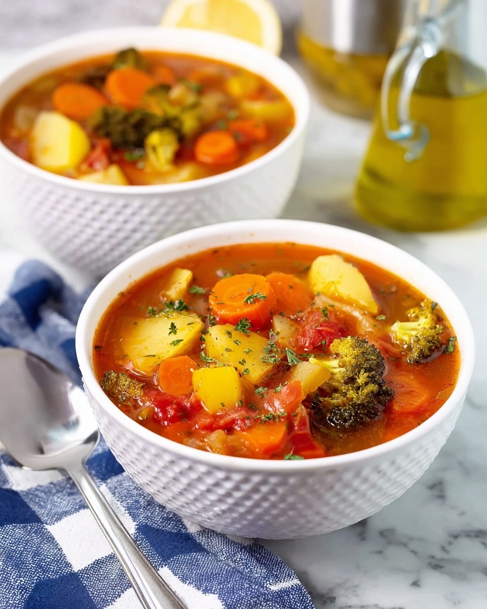 The image shows two white textured bowls filled with vegetable soup placed on a white marbled surface with a blue and white checkered cloth partially under the front bowl. The soup has a rich red-orange broth and contains visible large pieces of vegetables arranged in layers: bright orange carrot slices on top, green broccoli florets, yellow potato chunks, and other diced vegetables like onions and tomatoes mixed throughout. Small bits of green herbs are sprinkled on top for garnish. There is a silver spoon beside the front bowl and a glass bottle of olive oil with a handle and spout in the background. Photo taken with an iphone --ar 4:5 --v 7
