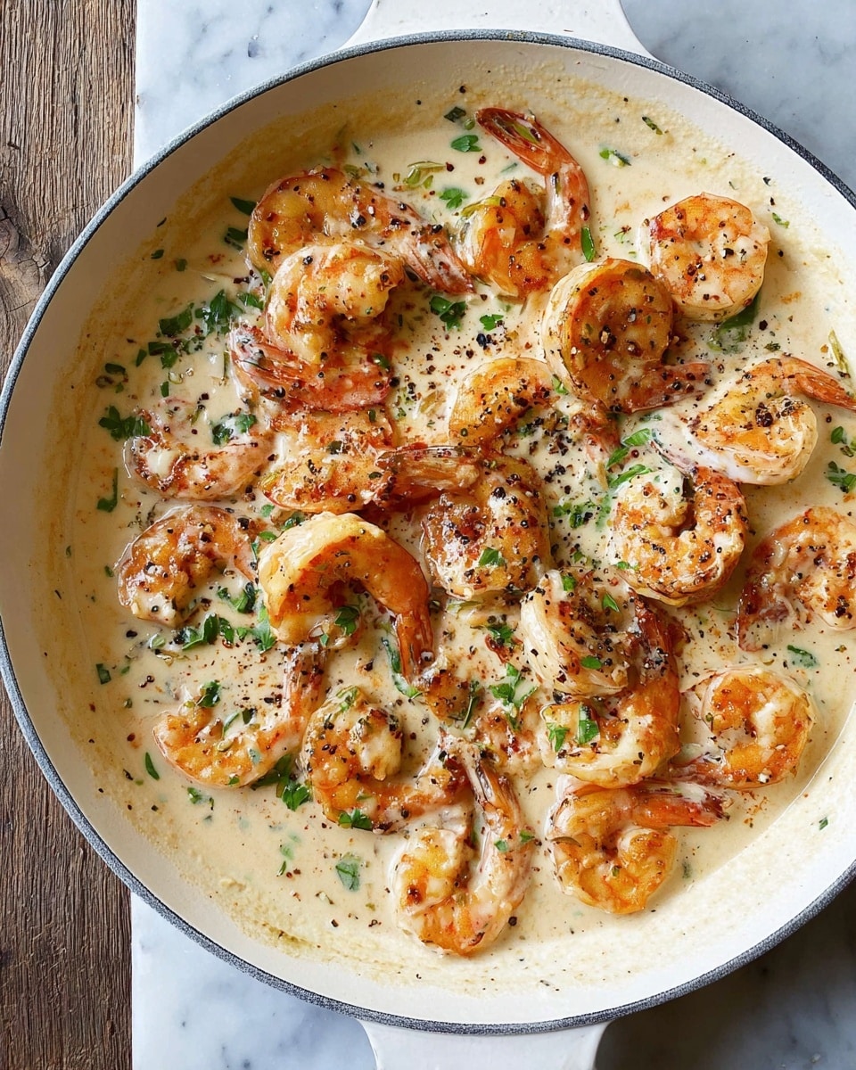 A white plate sits on a white marbled surface, holding a dish of cooked white rice on the left side, garnished with small green herbs and black pepper flakes, giving it a light sprinkle of green and black color. On the right side, there are six grilled shrimp in a creamy white sauce that covers parts of the shrimp and the plate, with some small green herb pieces in the sauce. The shrimp are orange with a charred texture, showing grill marks and a slightly crispy look. A silver fork is placed on the right edge of the plate, with its prongs holding one shrimp. The photo taken with an iphone --ar 4:5 --v 7
