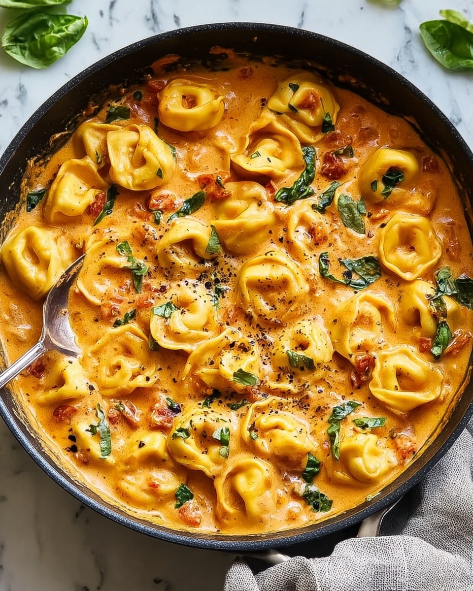 This image shows a black pan filled with about three layers of tortellini pasta in creamy orange sauce. The tortellini is light yellow with a slightly glossy texture, scattered evenly throughout the sauce. The creamy sauce layer is thick and smooth with a rich orange color, mixed with small bits of cooked tomatoes giving splashes of red. Dark green basil leaves are sprinkled on top, adding a fresh contrast, and some black pepper is visible as small dark specks spread across the surface. A metal spoon is partially submerged in the sauce on the left side of the pan. The pan sits on a white marbled surface, and there is a light gray cloth to the right side. Photo taken with an iphone --ar 4:5 --v 7