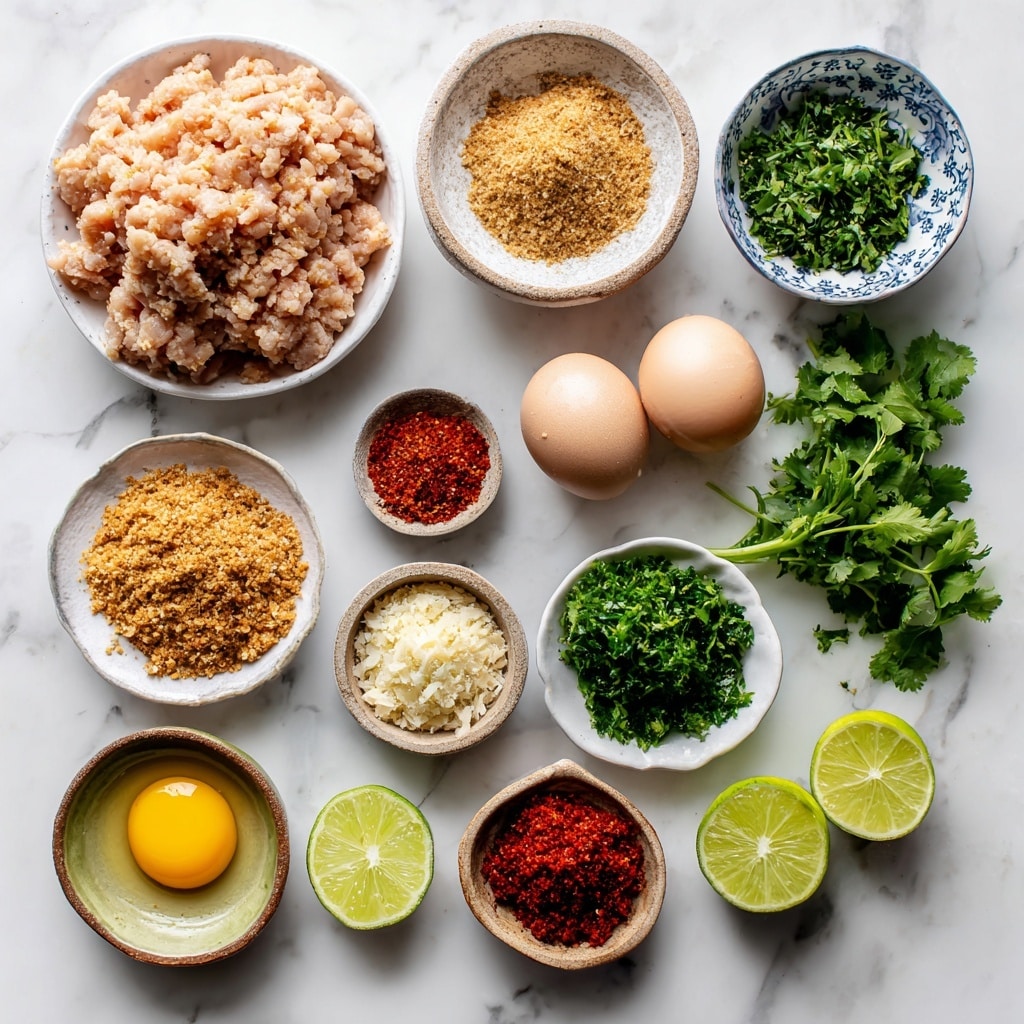 The image shows a close-up of a white bowl filled with about ten round meatballs that have a golden-brown, slightly shiny crust with small bits of green herbs and red chili pieces visible on them. The meatballs are piled closely together, and fresh green parsley leaves are scattered on and around them, adding a bright color contrast. The background surface is a white marbled texture, and the meatballs look juicy with a light glaze that makes them shine. Photo taken with an iphone --ar 4:5 --v 7