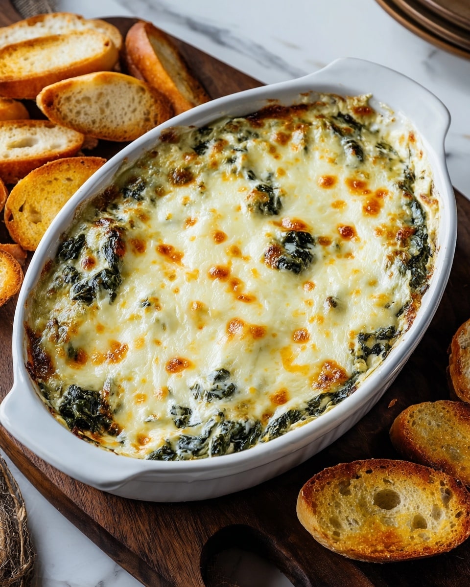 A white oval baking dish filled with a baked spinach and cheese dip, showing a thick top layer of melted, golden brown cheese with slightly browned spots. Beneath the cheese, wilted green spinach peeks through around the edges. The dish is placed on a dark wooden board resting on a white marbled surface. To the side, slices of toasted bread with a golden crust are arranged casually. Photo taken with an iphone --ar 4:5 --v 7