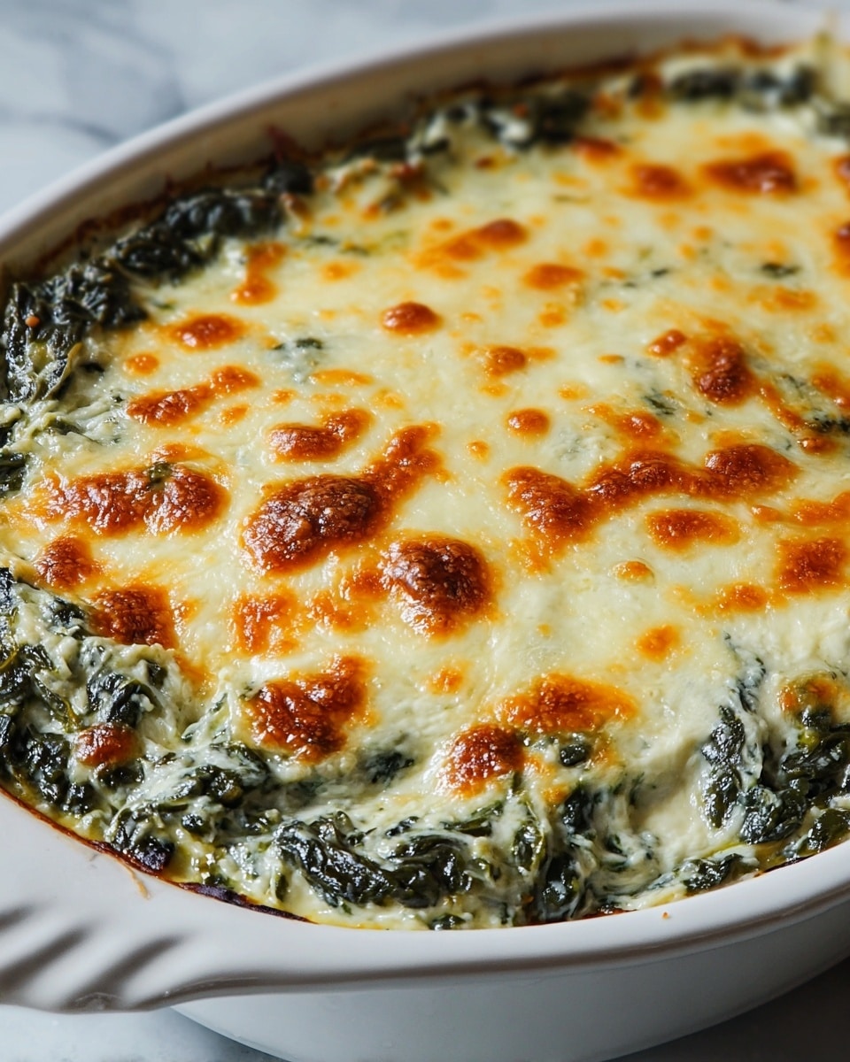 A white ceramic dish filled with a baked spinach dip that has two distinct layers; the bottom layer is deep green spinach mixed with a creamy white sauce, and the top layer is a golden-brown melted cheese crust with bubbly patches and light browning spots. The spinach layer is thick and uneven, showing texture from the cooked leaves, while the cheese layer is smooth with some crispy edges around the dish. The dish sits on a white marbled surface. Photo taken with an iphone --ar 4:5 --v 7