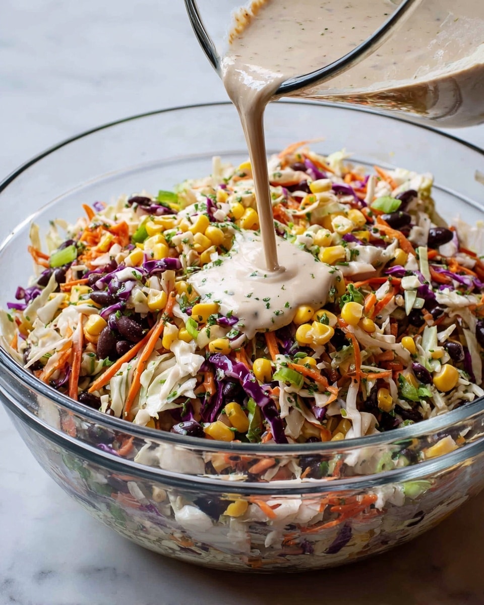 A clear glass bowl filled with a colorful salad made of shredded white cabbage, orange carrot pieces, yellow corn kernels, black beans, green chopped scallions, and bits of red pepper, all mixed together. Creamy white dressing is being poured into the center of the salad from a glass measuring cup. The background has a white marbled texture and the bowl sits on a dark wooden surface. photo taken with an iphone --ar 4:5 --v 7