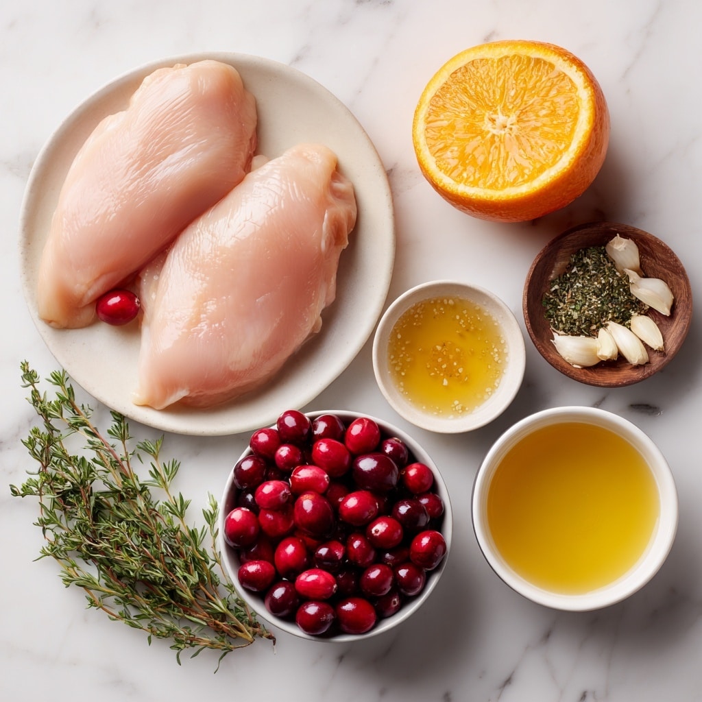 In a black pan, four golden brown chicken pieces with a shiny glaze are arranged close together, each topped with small green herb leaves. Around the chicken, there are many bright red whole cranberries, some partially covered in sauce, and several slices of orange with vibrant orange skin and juicy interiors. The sauce looks rich and glossy, pooling slightly at the bottom of the pan. Fresh green herbs are sprinkled evenly over the chicken and the fruit, adding a fresh contrast to the warm colors photo taken with an iphone --ar 4:5 --v 7