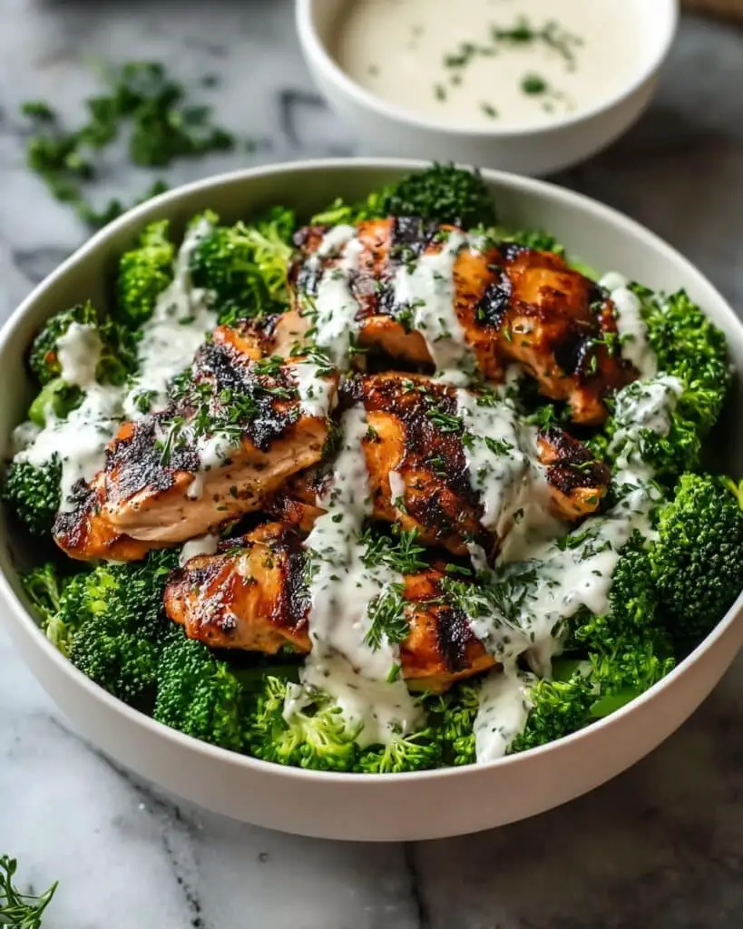 Grilled Chicken & Broccoli Bowls with Creamy Garlic Sauce Recipe