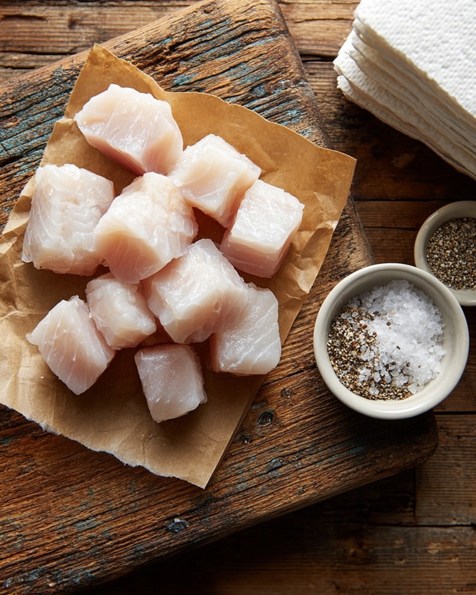 The image shows a pile of small, light pinkish-white cubes of raw fish placed on a sheet of brown parchment paper, which is laid on a wooden cutting board with visible grain and knots. To the right, there is a small round white bowl with a speckled texture containing a mix of coarse salt and cracked black pepper. Nearby, a stack of white paper napkins is partially visible, and everything is set against a white marbled surface. Photo taken with an iphone --ar 4:5 --v 7