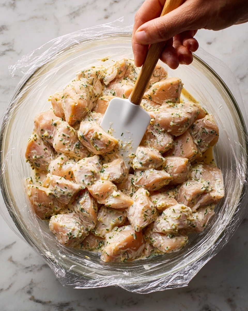 A clear glass bowl filled with many pieces of light pink raw chicken mixed with a creamy white sauce that has green herb specks all over. The chicken pieces are cut into medium-sized cubes and evenly covered by the sauce. A woman's hand holds a wooden spatula with a white silicone head, gently stirring the mixture from the right side of the bowl. The bowl rests on a white marbled surface, and there is transparent plastic wrap partially under the bowl. The lighting is soft and natural, highlighting the texture of the chicken and sauce. photo taken with an iphone --ar 4:5 --v 7