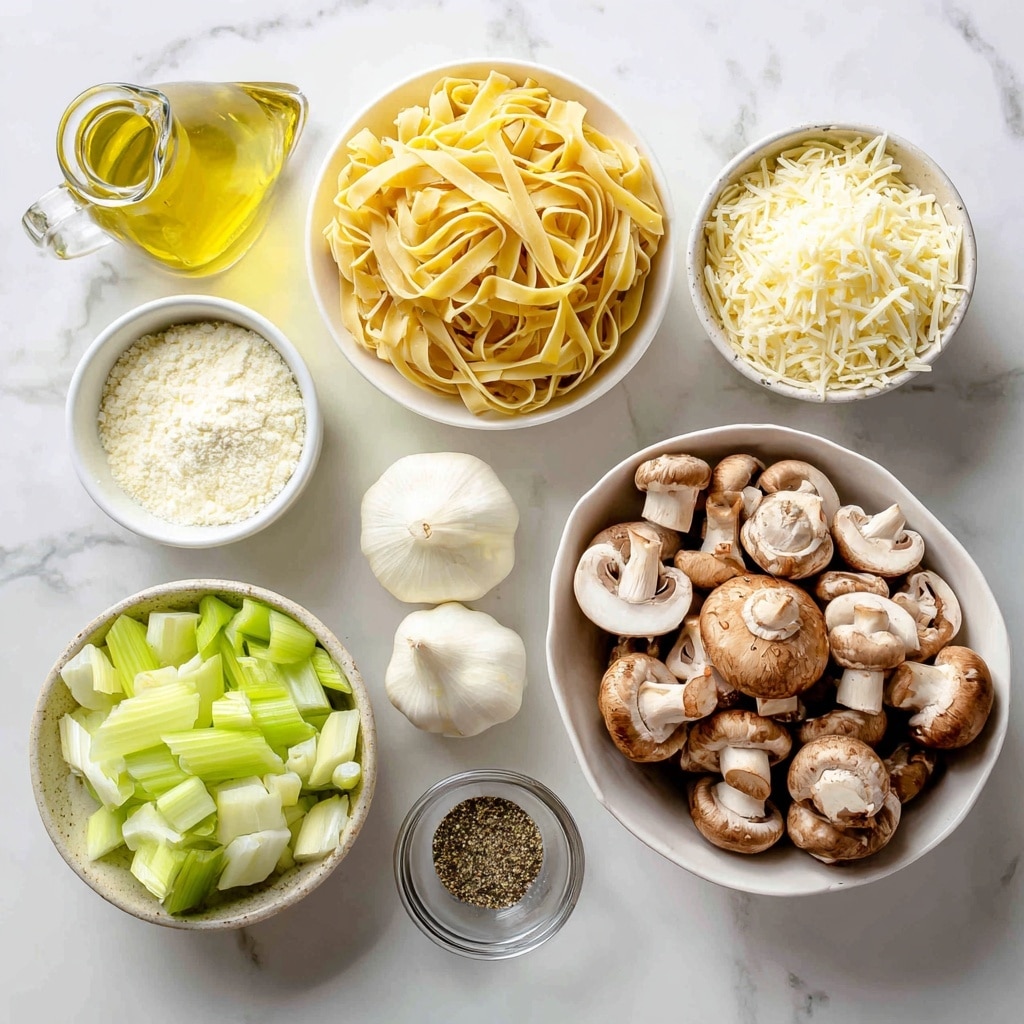 A black bowl holds a serving of creamy pasta with visible layers of thick fettuccine noodles, light beige in color, coated in a smooth sauce. Scattered on top are thick slices of brown mushrooms, cooked to a slightly shiny texture. Small sprigs of fresh green herbs are mixed in and finely grated pale yellow cheese is sprinkled over the top, adding a light dusting. The bowl is placed on a white marbled surface. Photo taken with an iphone --ar 4:5 --v 7