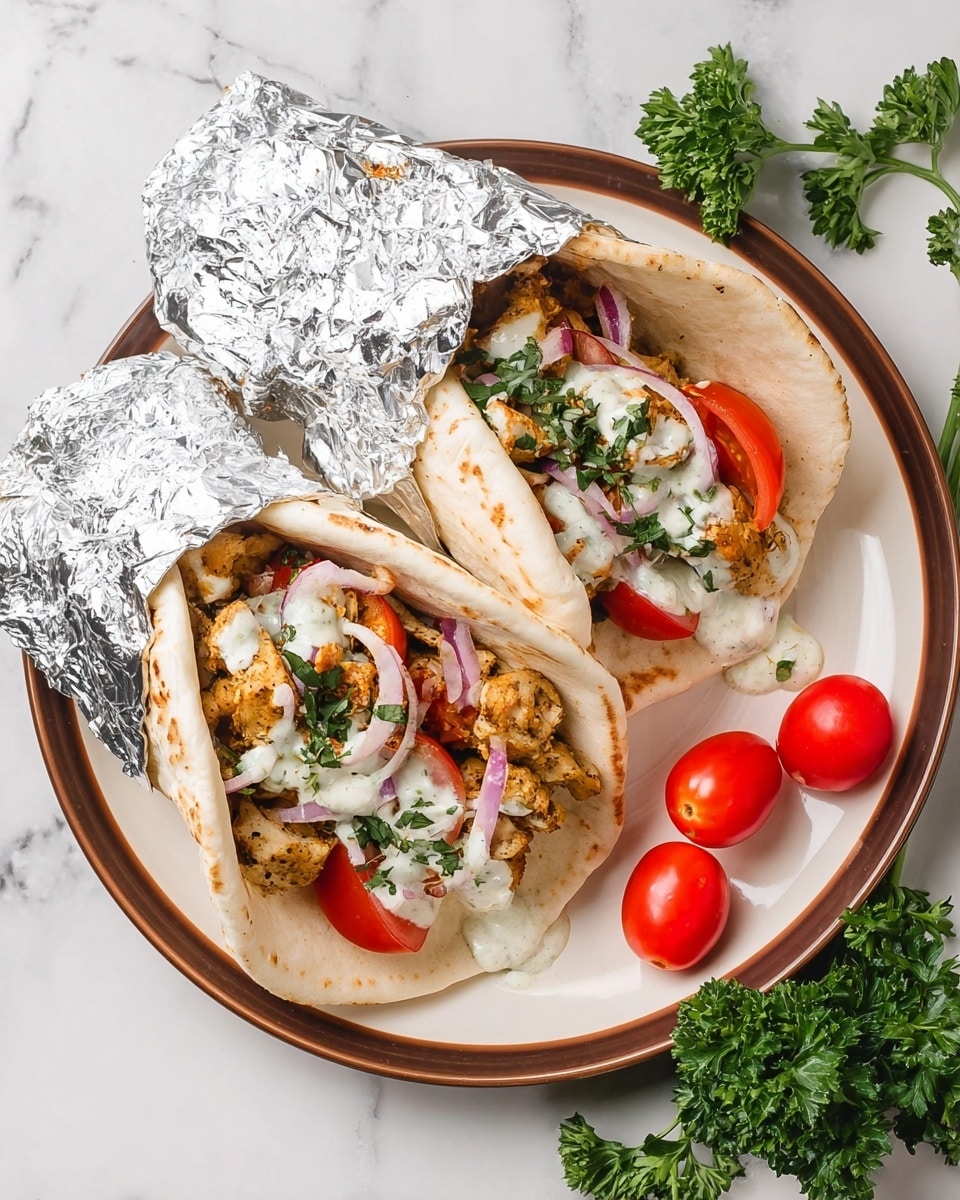 Two pita wraps lie side by side on a white plate with a brown rim, each partly covered with shiny silver foil on the top left. Each pita is warm white with slight toasty marks and filled with layers: the bottom layer is a mix of grilled golden-brown chicken pieces, followed by red tomato slices and thin rings of pale purple onion, topped with green chopped herbs and drizzled with white sauce that slightly drips onto the plate. Surrounding the plate, bright red cherry tomatoes and fresh green parsley leaves rest on a white marbled surface. Photo taken with an iphone --ar 4:5 --v 7