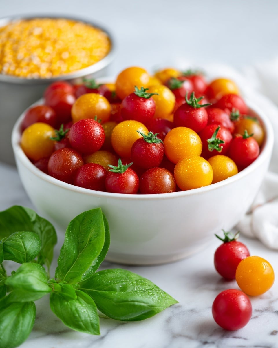 A white bowl filled with round red and yellow cherry tomatoes, some with green stems, sits in the center. Next to the bowl, there are fresh green basil leaves on a white marbled surface. In the background, a small metal container holds yellow small round grains. The whole scene is clear and brightly lit, with a natural look. photo taken with an iphone --ar 4:5 --v 7