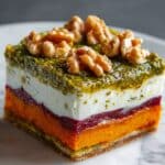Sweet Potato & Beet Stacks with Pesto, Burrata & Walnuts Recipe