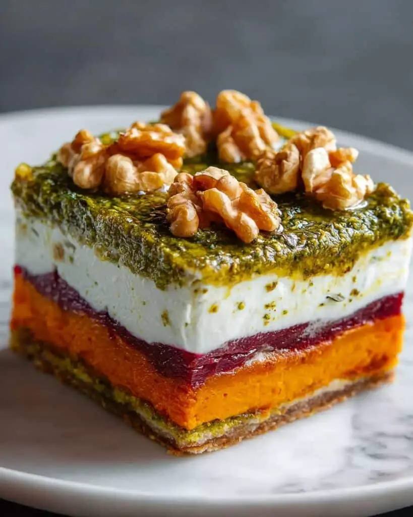 Sweet Potato & Beet Stacks with Pesto, Burrata & Walnuts Recipe