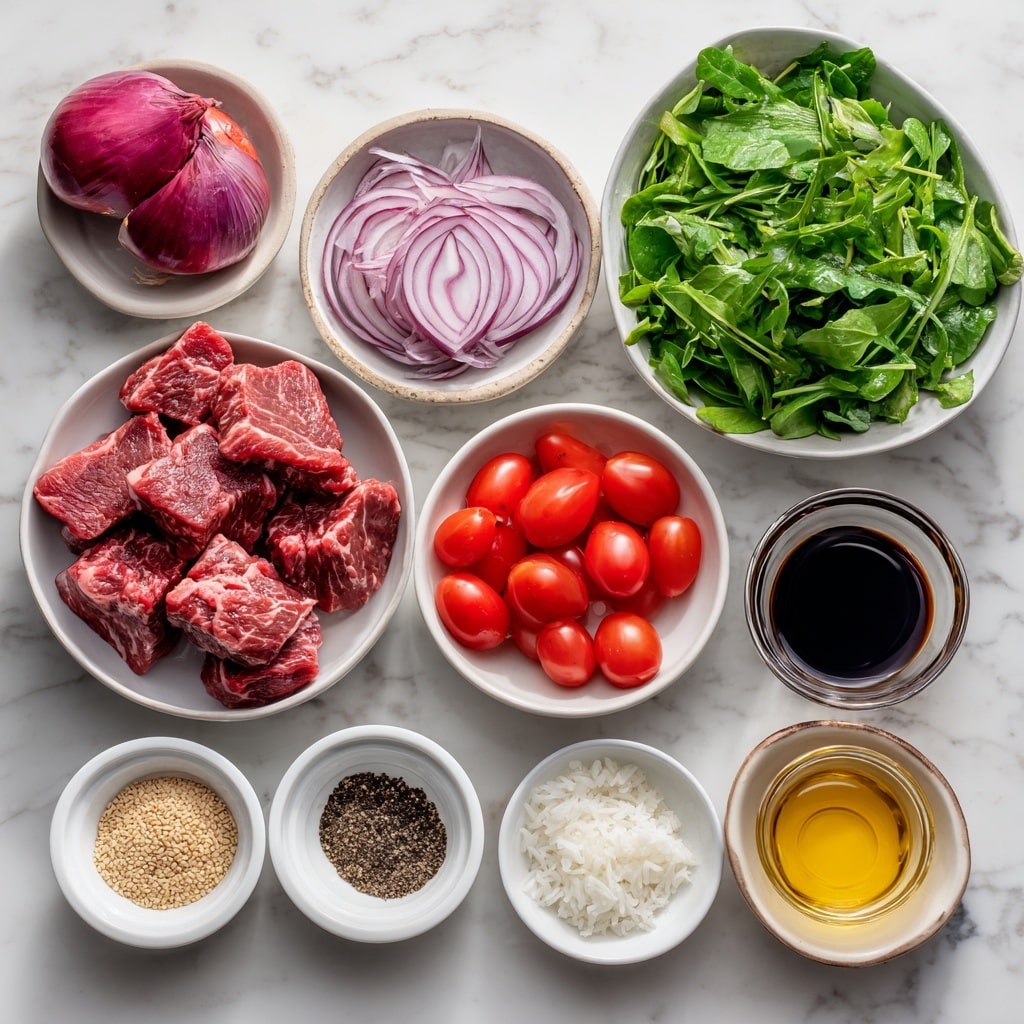 A white bowl with a thin dark rim holds a salad with three main layers. The bottom layer is bright green leafy arugula mixed with thin slices of purple onion, giving a fresh texture. On this bed of greens, there are several halved red cherry tomatoes scattered around the bowl. The top layer has chunks of shiny, dark brown cooked meat spread evenly mostly in the center, with a glistening, slightly saucy surface. The bowl sits on a white marbled surface. Photo taken with an iphone --ar 4:5 --v 7