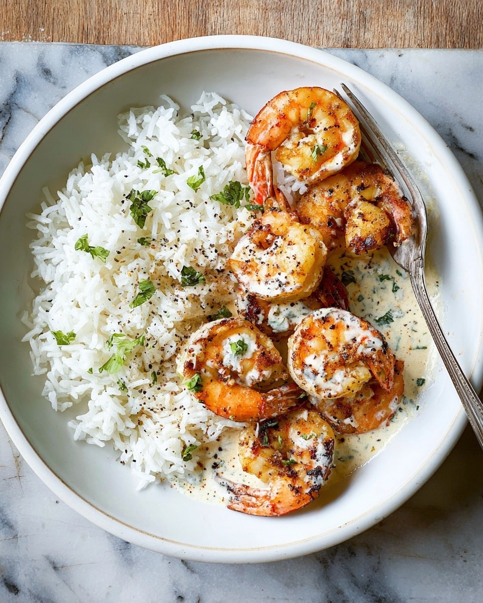 A white pan filled with cooked shrimp in a creamy light beige sauce. The shrimp are orange-pink with some char marks and are spread evenly in the sauce. The sauce has a smooth texture with small green herb pieces and black pepper specks sprinkled on top. The shrimp and sauce create a mix of warm, soft colors with light green garnish adding some contrast. The pan is placed on a white marbled surface. photo taken with an iphone --ar 4:5 --v 7