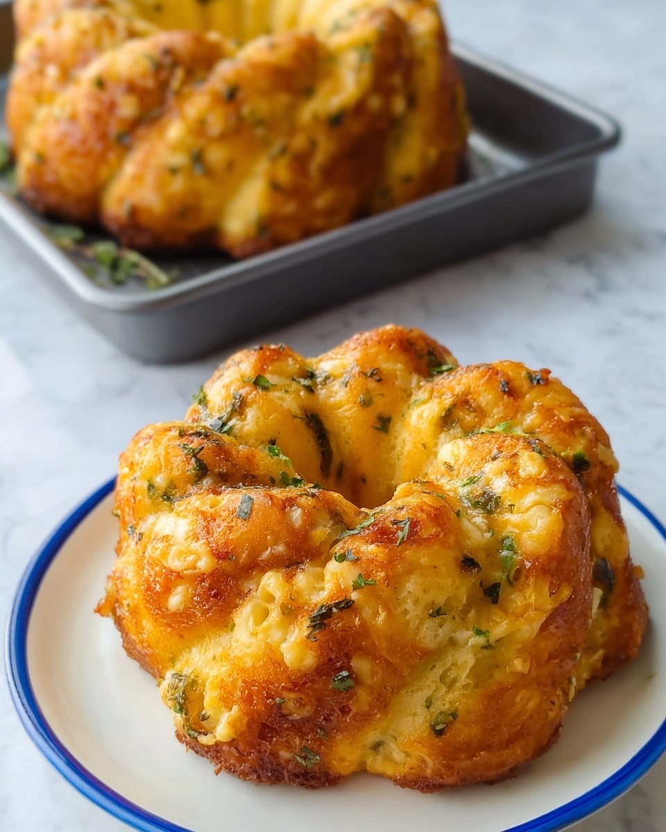 The image shows six small round bread wreaths in a silver baking tray with circular molds. Each bread wreath is made of eight to nine uneven dough pieces clustered together to form a circle with a hole in the middle. The dough is light golden brown with melted yellow cheese on top, sprinkled with green herbs that add a textured, speckled look. The bread pieces look soft and fluffy with a slightly crispy crust on the edges. The silver baking tray rests on a white marbled surface. Photo taken with an iphone --ar 4:5 --v 7