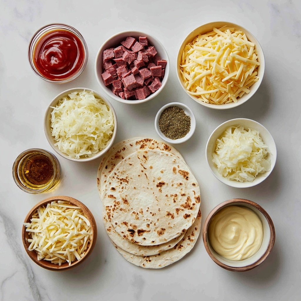 Three soft, white tortillas folded in half each hold layers of melted, creamy white cheese on top of bits of cooked pink bacon. The tortillas also have a pale yellow layer of shredded cabbage or sauerkraut, sprinkled with small green herb leaves. The tacos are placed close together on a white marbled surface with a few pale yellow potato chips around them. A woman's hand with silver forks is visible in the corner, about to hold one taco. photo taken with an iphone --ar 4:5 --v 7