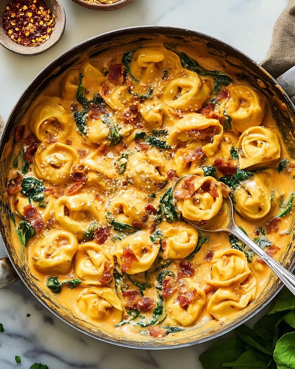 A pan filled with three layers of creamy sauce and cooked tortellini pasta. The bottom layer is a thick tomato cream sauce with orange and red hues, mixed with green spinach leaves. The second layer consists of golden yellow tortellini placed evenly over the sauce. The top layer is sprinkled with light white grated cheese and black pepper flakes. A silver spoon is scooping some pasta and sauce from the pan. The dish sits on a white marbled surface with fresh green spinach in one corner and a small white bowl with grated cheese and red spices near the pan. Photo taken with an iphone --ar 4:5 --v 7
