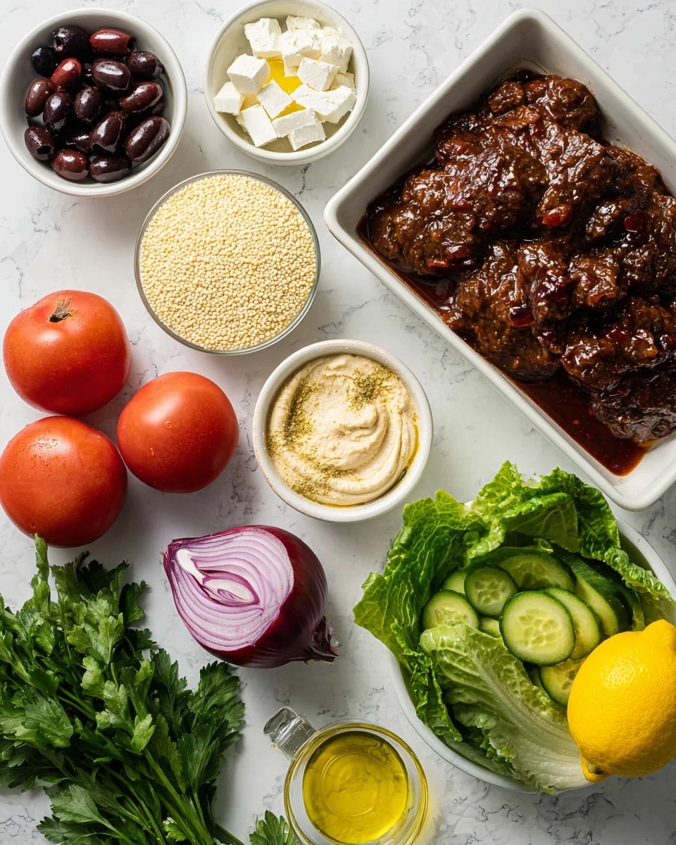 The image shows several fresh ingredients placed on a white marbled surface. On the top right, there is a white rectangular dish filled with dark, marinated meat covered in a glossy sauce. Next to it, on the top left, a small white bowl holds white chunks of cheese. Below the cheese, a smaller white bowl contains dark purple olives. Two whole bright red tomatoes sit near the center. A round white bowl filled with tiny yellow couscous grains is placed near the tomatoes. Below the couscous, a white bowl holds smooth, light beige hummus. A whole, bright yellow lemon is placed to the right of the hummus. Near the lemon, there is a cluster of fresh green leafy lettuce. At the bottom right, a dark green cucumber lays horizontally. A bunch of fresh flat parsley leaves is placed in a small white bowl near the bottom left. Next to the parsley and cucumber, there is a half of a red onion with purple and white layers. Lastly, a small glass cup filled with golden olive oil is placed near the onion. The light and shadows suggest natural lighting, and the photo was taken with an iphone --ar 4:5 --v 7
