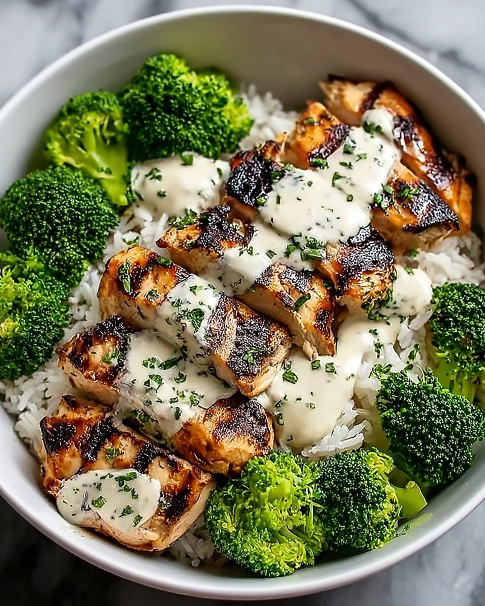 Grilled Chicken & Broccoli Bowls with Creamy Garlic Sauce Recipe - Recipe Image