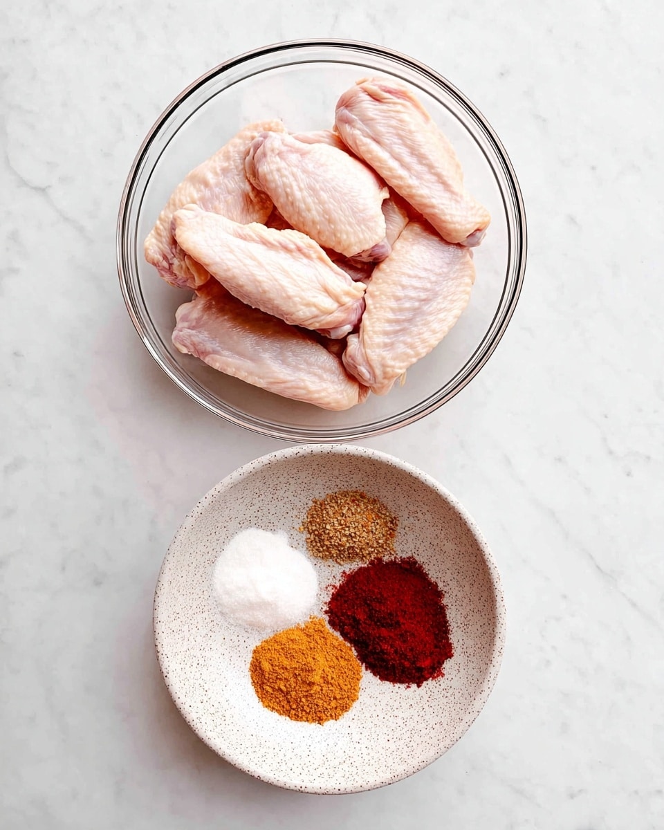 A clear glass bowl holds nine raw chicken wings, each light pink with a smooth, slightly shiny skin, arranged closely together in an overlapping manner. Below it, a white speckled bowl contains four piles of dry spices, each one distinct in color and texture: a white powder, a deep red powder, an orange powder, and a light brown powder, all neatly separated in a circular pattern. Both bowls sit on a white marbled surface with subtle grey veins and small speckles. photo taken with an iphone --ar 4:5 --v 7