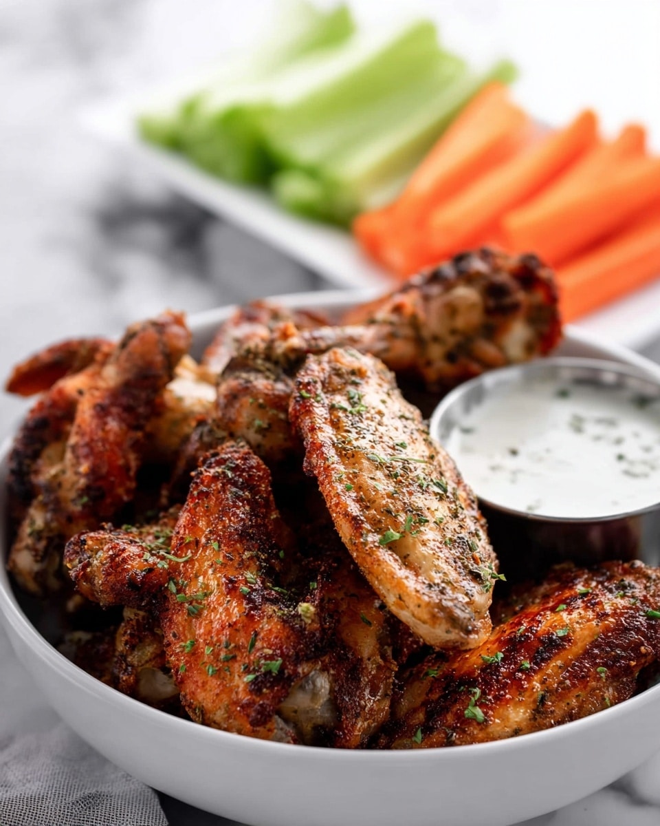 A white bowl filled with several crispy, golden-brown chicken wings seasoned with herbs sprinkled on top, with one wing dipped into a small silver cup of white dipping sauce placed on the right side inside the bowl; in the background, a white plate holds fresh green celery sticks on the left and orange baby carrots on the right, all set on a white marbled surface. Photo taken with an iphone --ar 4:5 --v 7