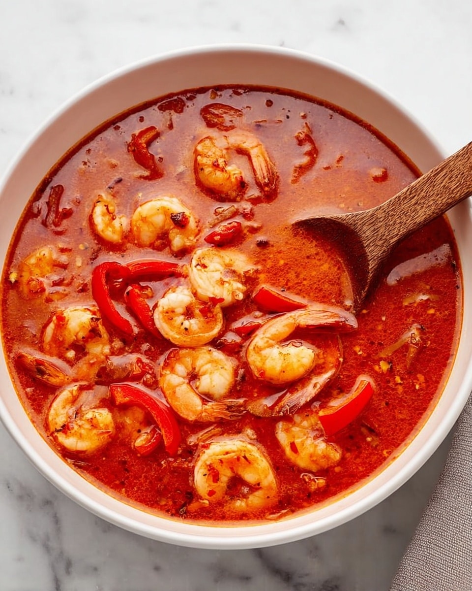 A white bowl filled with a rich red-orange soup that has many pieces of shrimp and long thin slices of red bell pepper spread through the surface. The soup is thick and glossy with visible small bits of other ingredients mixed in. There is a wooden spoon partially visible on the right side inside the soup. The bowl is placed on a white marbled surface. Photo taken with an iphone --ar 4:5 --v 7