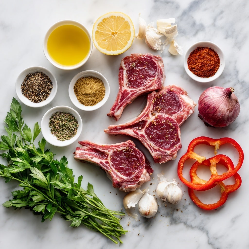 A white plate holds seven grilled lamb chops arranged in a slightly scattered, overlapping pattern. Each chop has a long, light brown bone with a darker, charred tip, and the meat is richly browned with a textured, slightly crispy surface showing grill marks and spices. The lamb is glistening with a red-orange oily sauce that pools lightly on the plate. There are two small lemon wedges placed near the chops, as well as a few fresh green cilantro leaves adding contrast on top of the meat. The plate rests on a white marbled surface. photo taken with an iphone --ar 4:5 --v 7