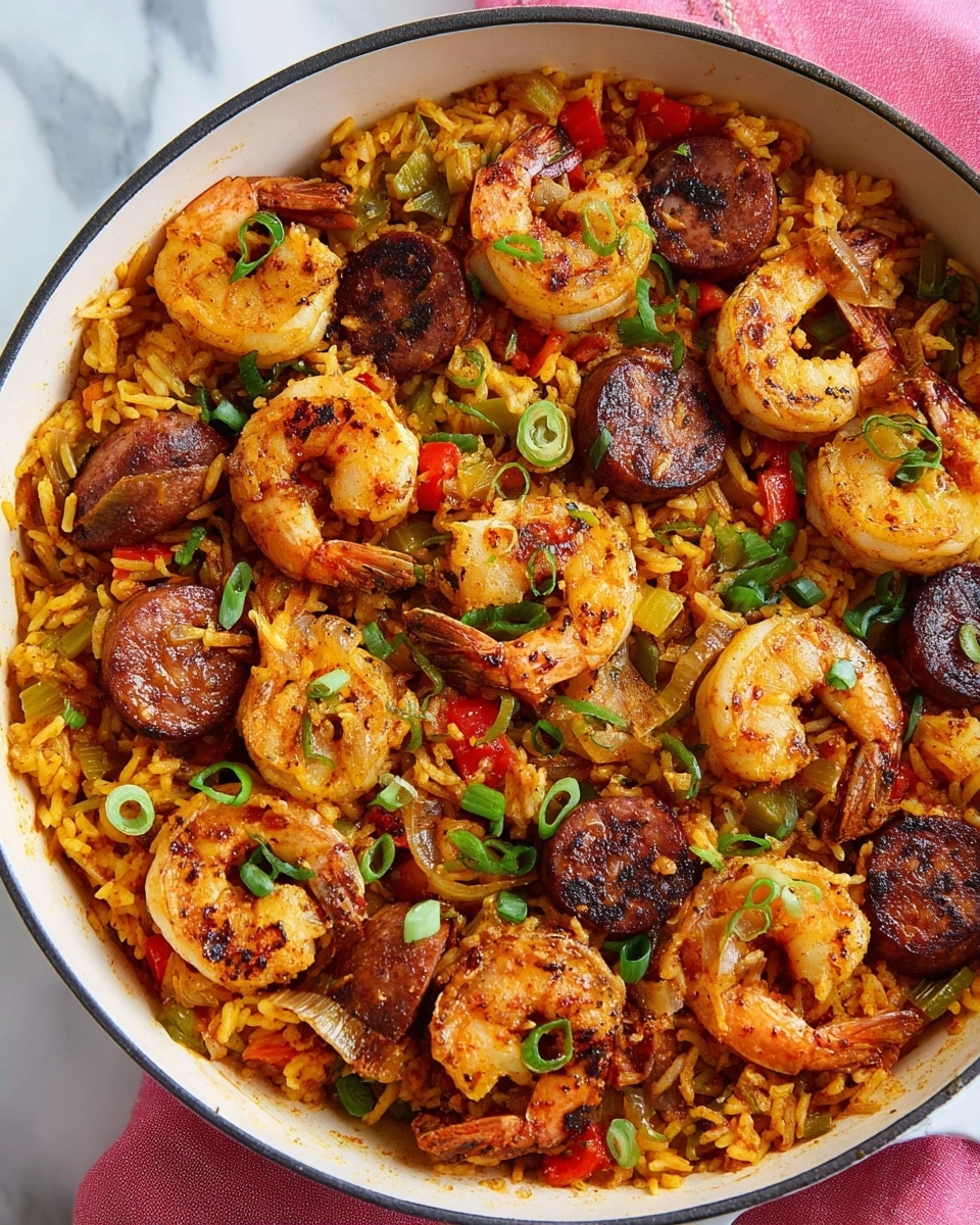 A white heart-shaped bowl filled with three large grilled shrimp on top, sitting over orange-red cooked rice mixed with small pieces of browned sausage, chicken chunks, and garnished with small green onion slices. Behind the bowl is a light pink pan filled with the same dish, showing similar shrimp, sausage slices, and rice with green onion pieces. The background has a white marbled surface and a gray patterned cloth under the bowl, with a pink cloth and two stacked white plates holding a blue spoon and fork to the side. Photo taken with an iphone --ar 4:5 --v 7