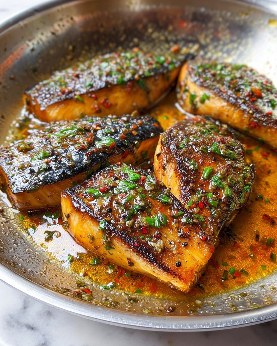 Three cooked fish pieces sit inside a silver frying pan on a white marbled surface. The top two fish are whole, oval-shaped, with a golden-brown crust and specks of green herbs on their skin, which shows a dark edge on one side. The bottom fish piece is partly broken apart by a fork, showing flaky white fish inside. A shiny, orange-brown oily sauce with herbs pools around the fish in the pan. Photo taken with an iphone --ar 4:5 --v 7