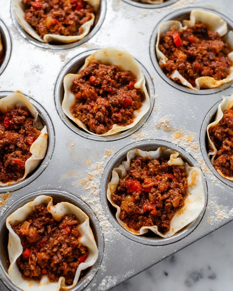The image shows a metal muffin tray with nine individual cups lined with white tortilla pieces forming cups. Each cup is filled with a chunky, cooked ground beef mixture that looks rich with reddish-brown color and visible small pieces of diced onions and red bell peppers. The edges of the tortilla cups are slightly folded upwards, holding the filling. The tray sits on a white marbled surface with some scattered flour or food dust. The lighting is soft and natural, showing texture and color well. photo taken with an iphone --ar 4:5 --v 7